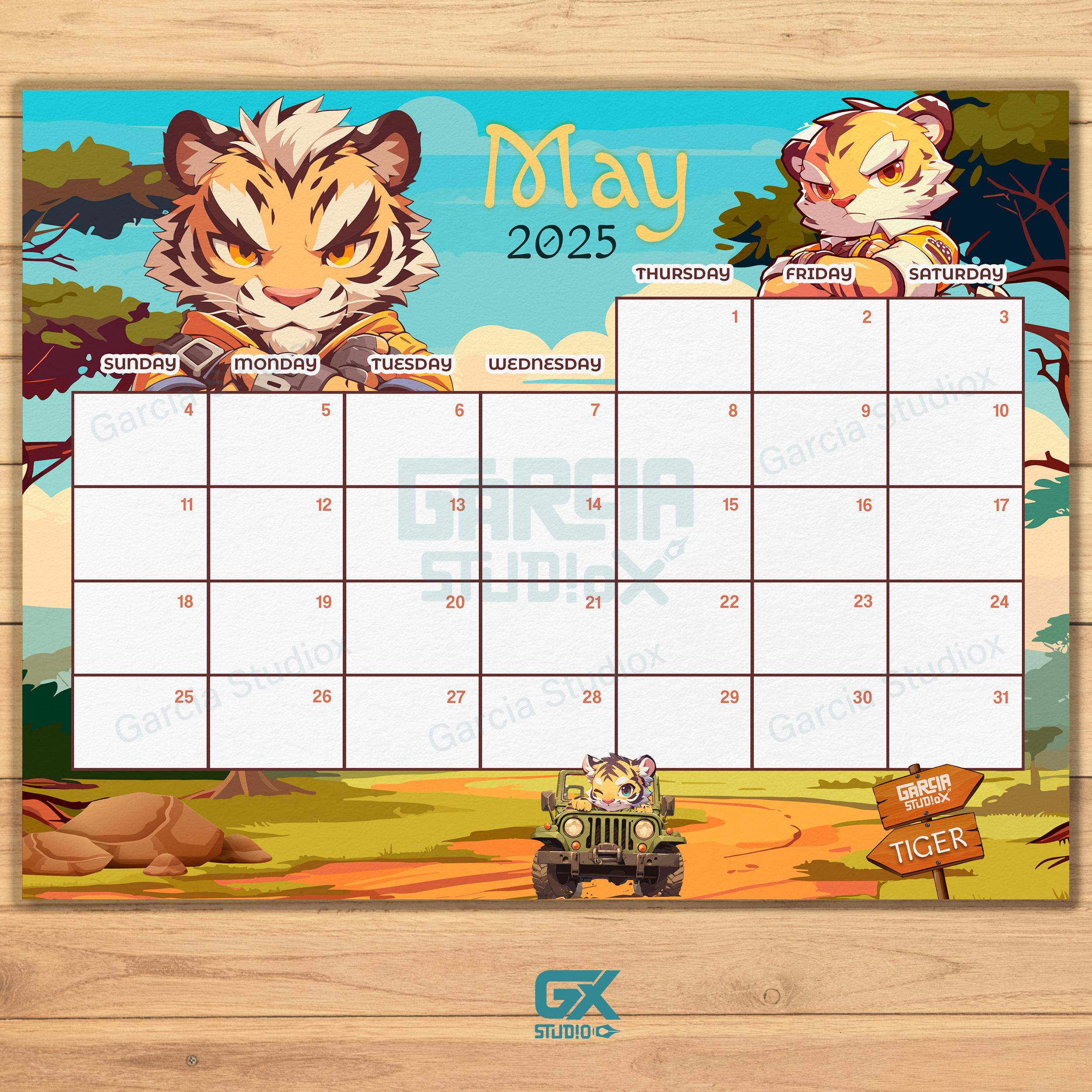Mai 2025 Safari Tiger Kalender - Druckbare, Bearbeitbare Pdf-Datei, Niedliches Tier, Sofortiger Download, Bearbeitbare Vorlage Wild Safari, throughout Tigers 2025 Calendar Printable