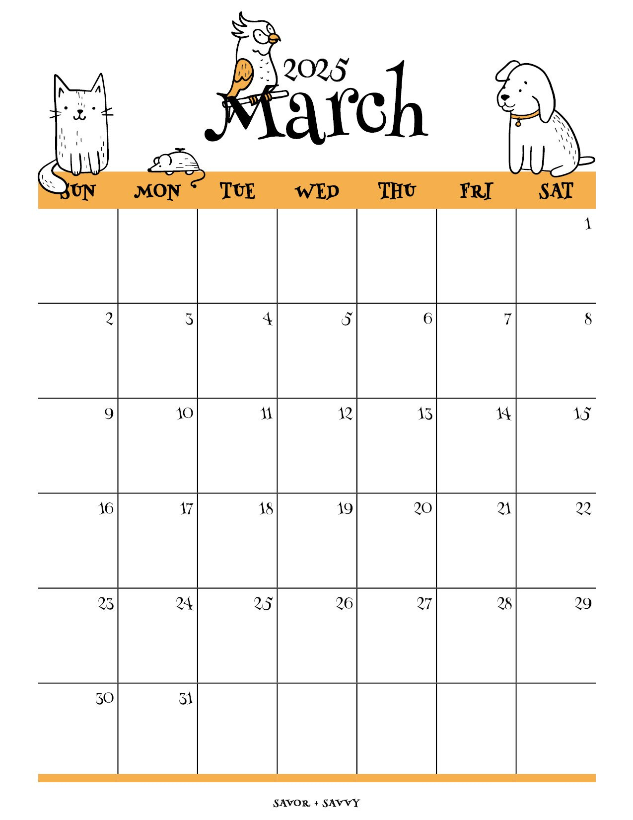 March 2025 Calendar Templates - 14 Free Printables - Savor + Savvy throughout Dog Dreams 2025 Calendar Printable
