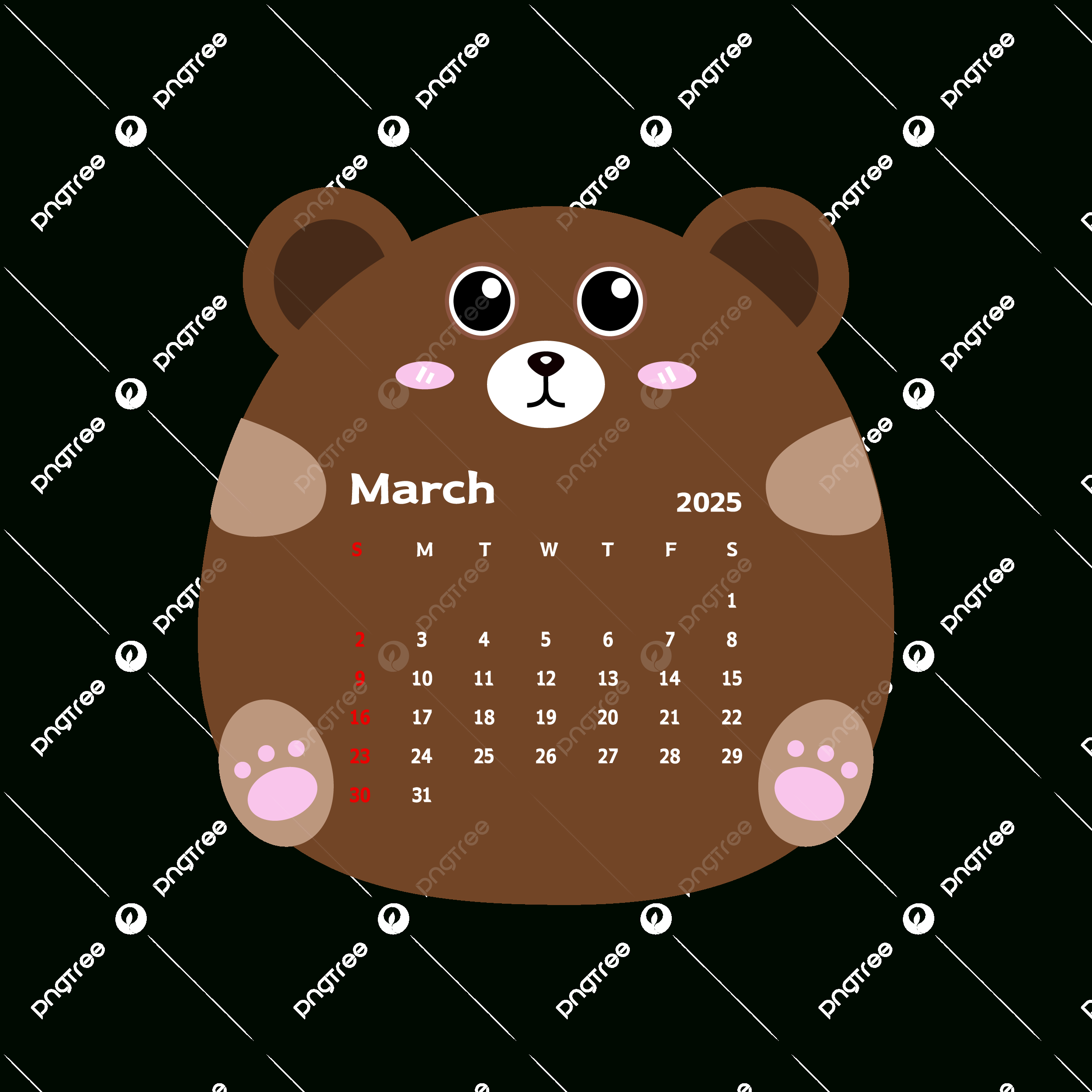 March 2025 Monthly Calendar With Cute Cartoon Bear Vector, Bear with Black Bears 2025 Calendar Printable