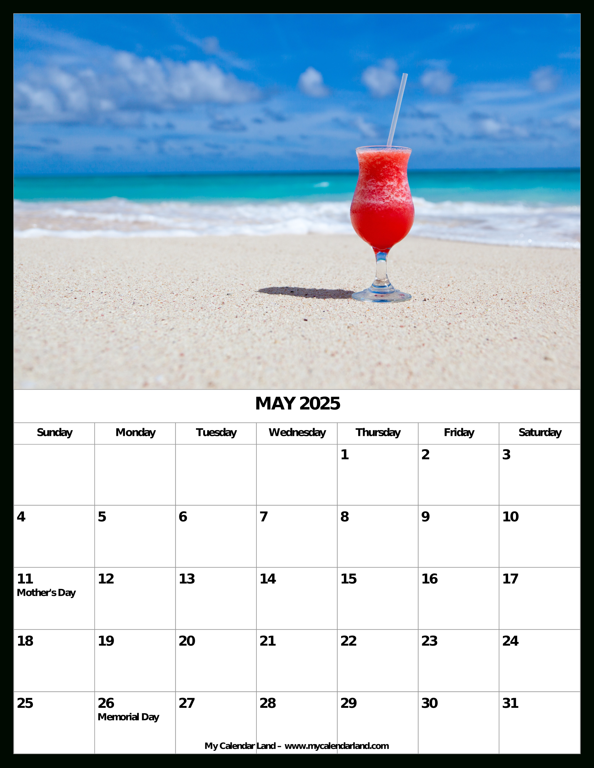 May 2025 Calendar - My Calendar Land with Beach Life 2025 Calendar Printable