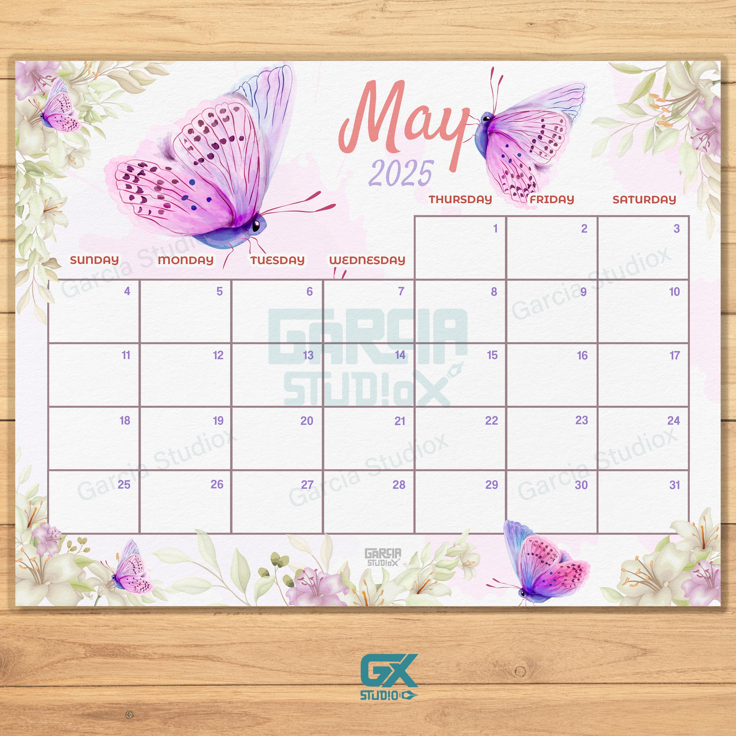 May 2025 Calendar Printable Butterfly, Editable Pdf Template for Butterflies 2025 Calendar Printable