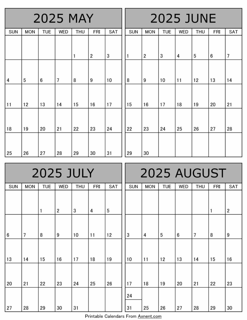 May To August 2025 Calendar Templates - Four Months inside May June July August 2025 Calendar Printable