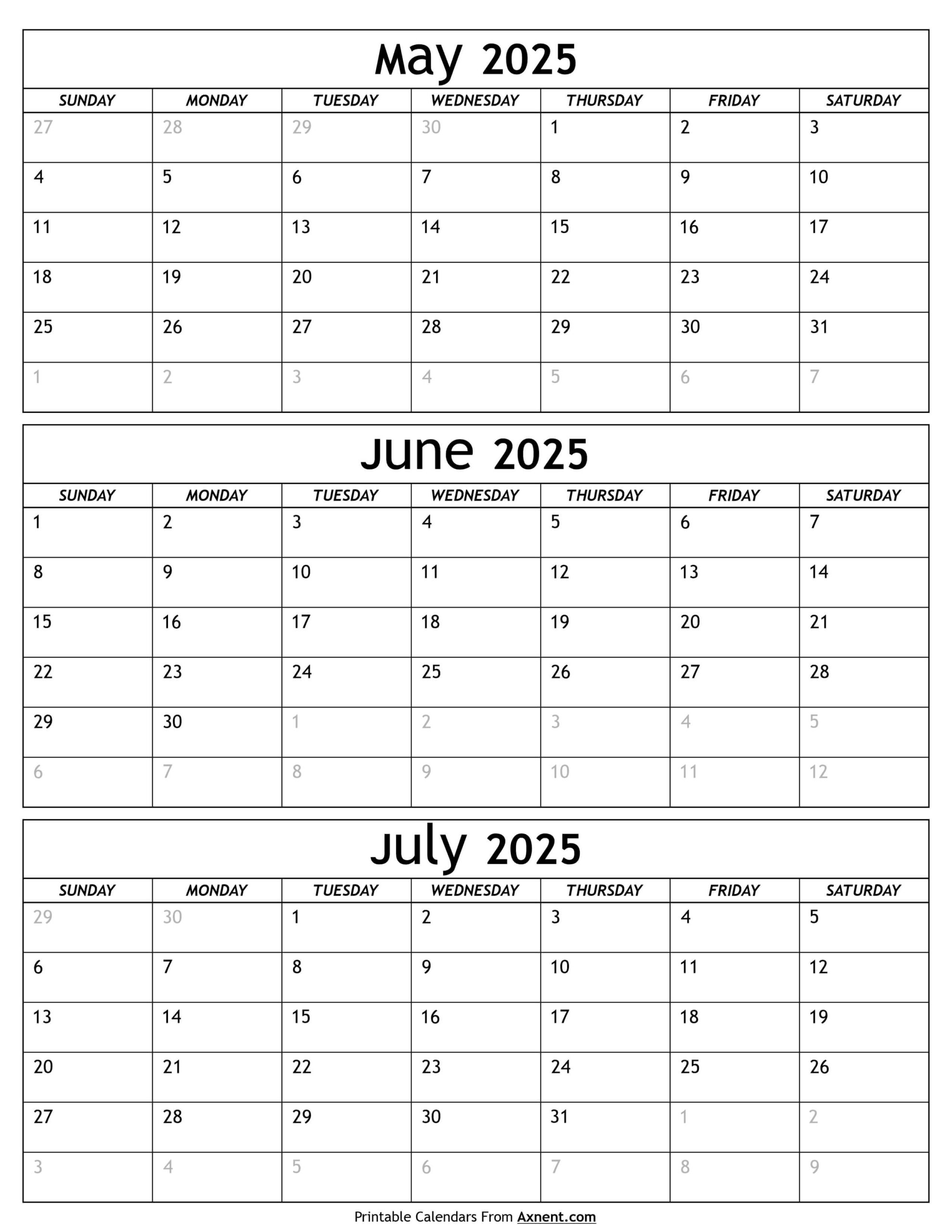May To July Calendar 2025 Templates - Three Months intended for Calendar For May June and July 2025