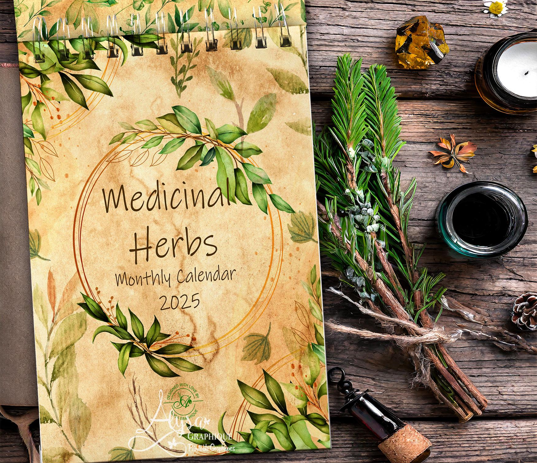 Medicinal Herbs, 2025 Botanical Calendar, Monthly Calendar 2025 for Herbs 2025 Calendar Printable