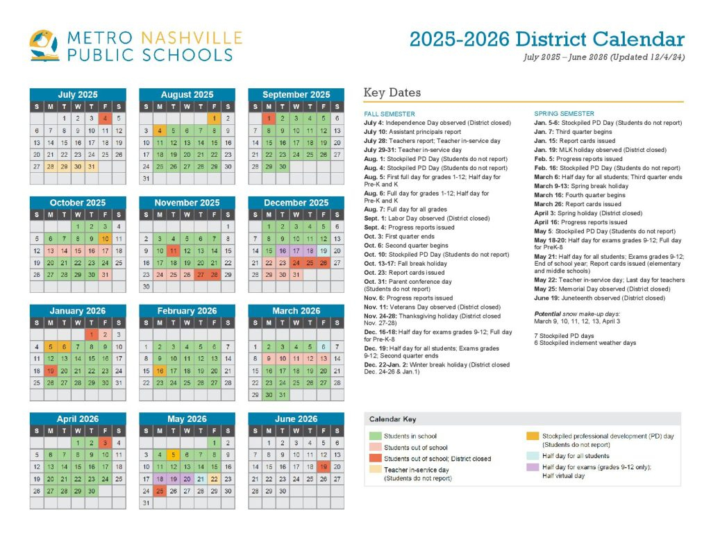 Metro Nashville Public Schools Calendar 2025-26 | Mnps Holiday throughout Nashville 2025 Calendar Printable