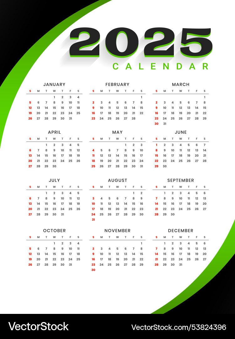 Modern 2025 Monthly Calendar Template A Office Vector Image intended for Office 2025 Calendar Printable