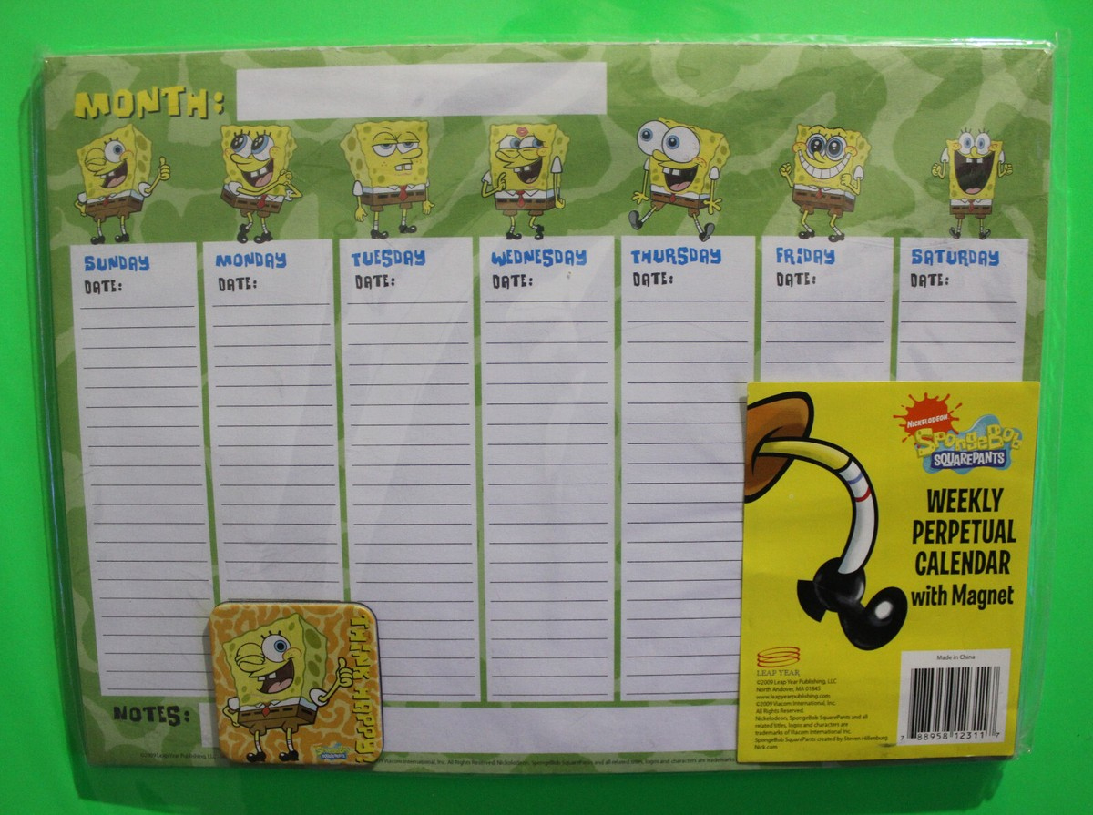 Nickelodeon Spongebob Squarepants Perpetual Weekly Calendar With intended for Spongebob Squarepants 2025 Calendar Printable
