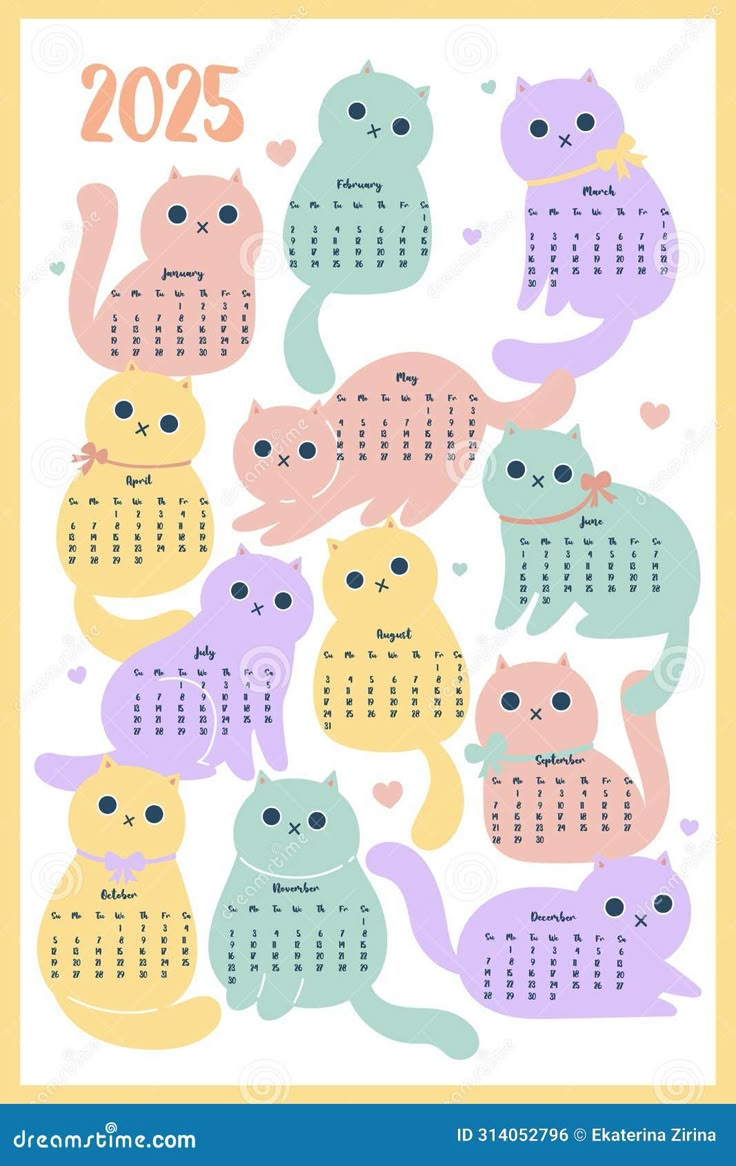 One Page 2025 Calendar With Cute Cats. Vector Graphics Stock inside Sweet Kitties 2025 Calendar Towel Printable