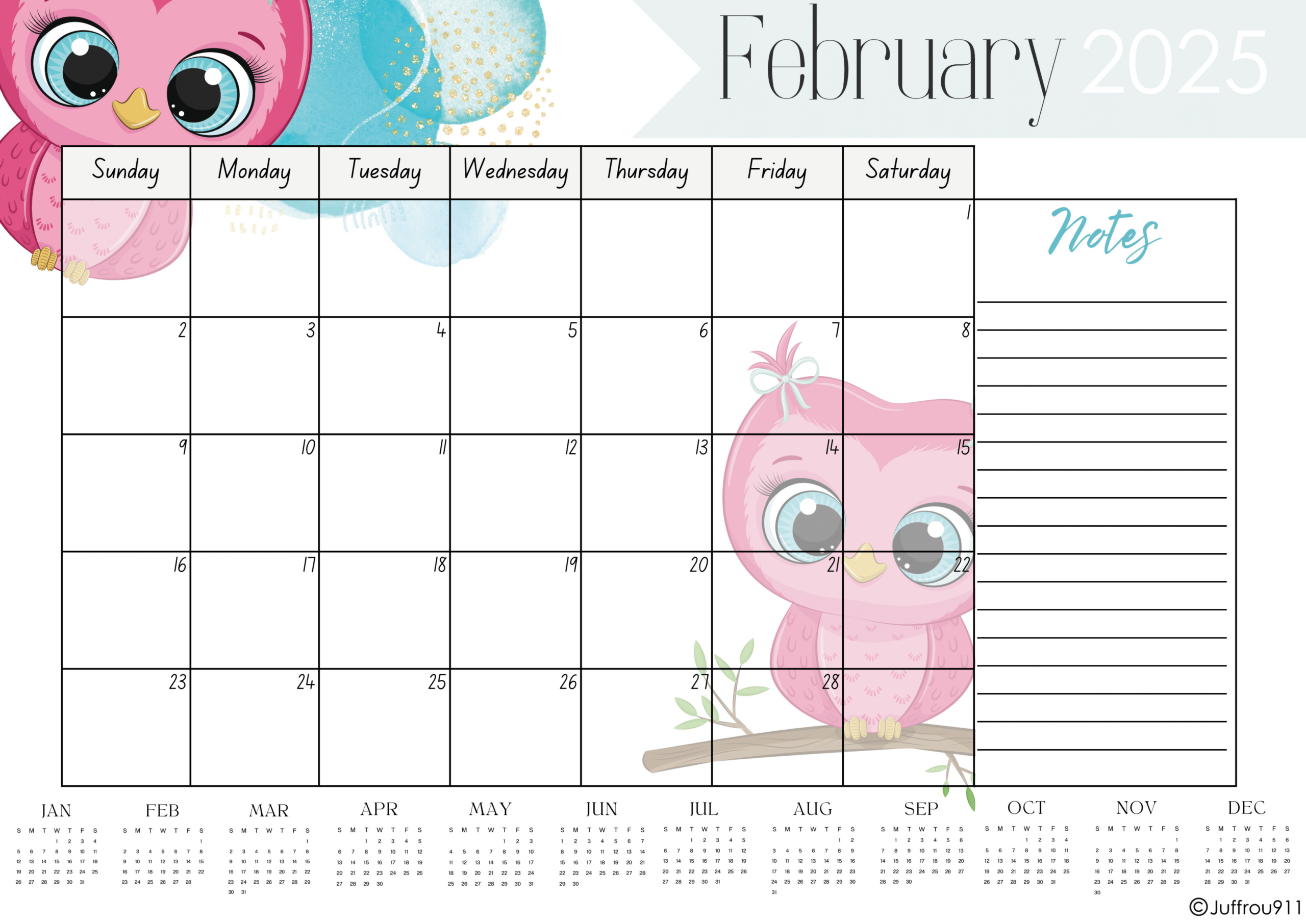 Owl Desk Calendar A3 - 2025 - Juffrou 911 pertaining to Owls 2025 Calendar Printable