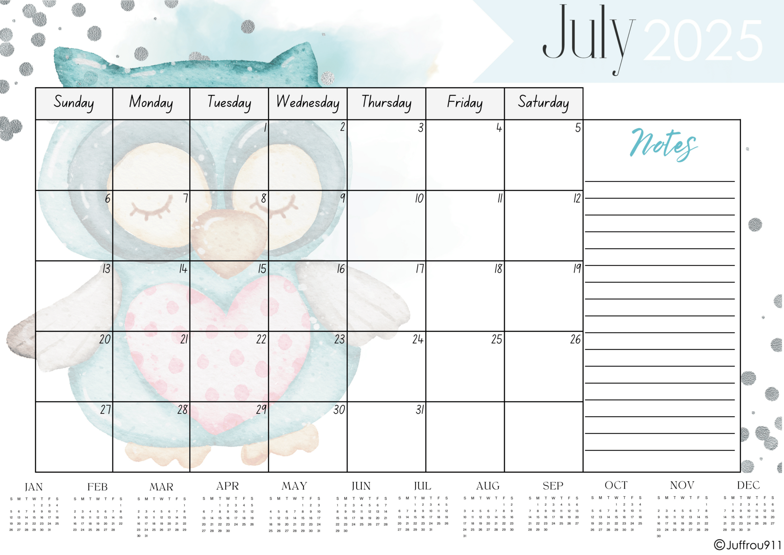 Owl Desk Calendar A3 - 2025 - Juffrou 911 regarding Owls 2025 Calendar Printable