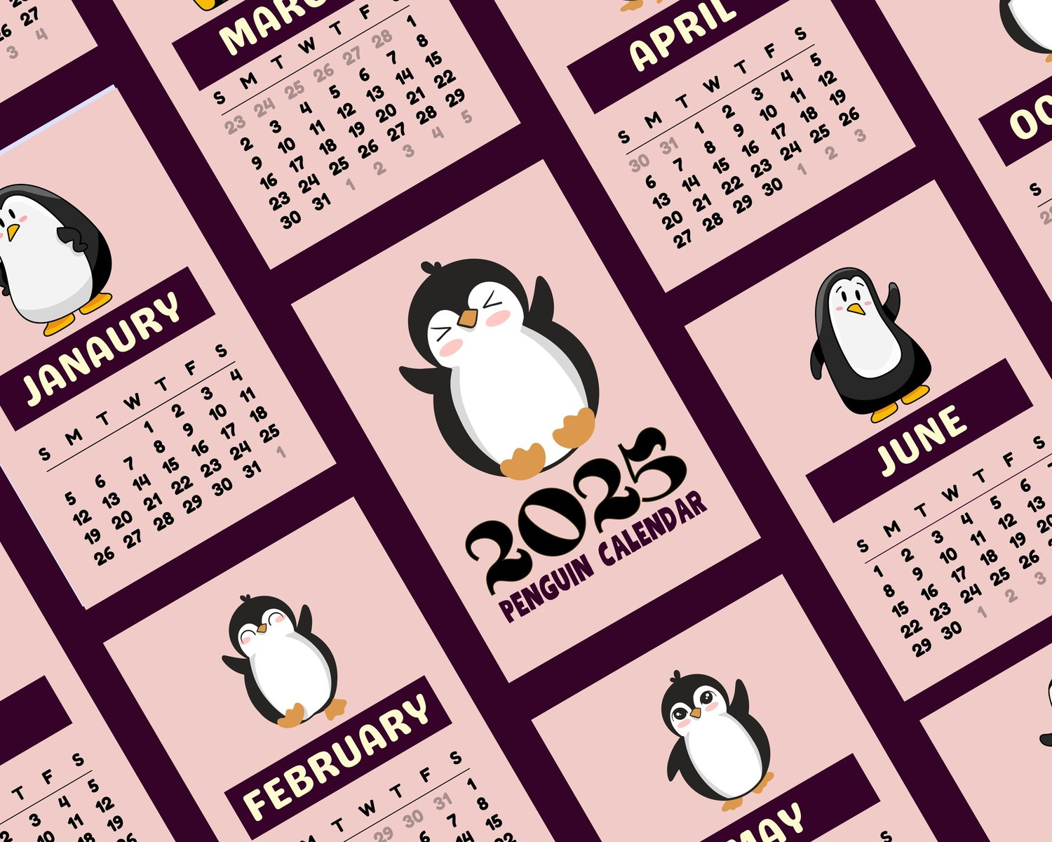Penguin Calendar 2025, Digital Calendar, Calendar 2025, Digital for Penguins 2025 Calendar Printable