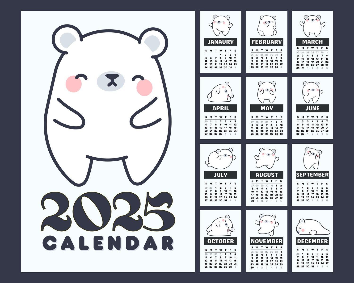 Polar Bear Calendar 2025, Digital Calendar, Calendar 2025, Digital in Bears 2025 Calendar Printable