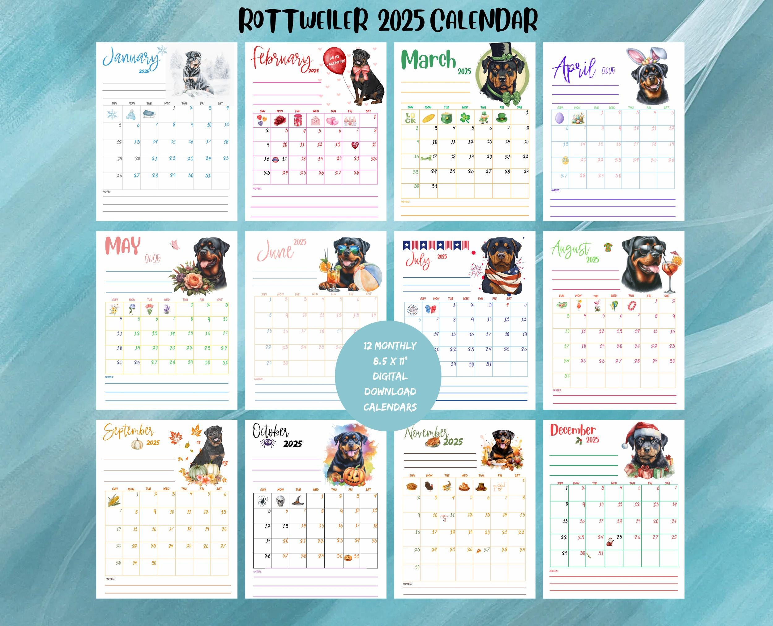 Printable 2025 Calendar Rottweiler 12 Month Calendar Homeschooling inside Just Rottweiler Puppies 2025 Calendar Printable