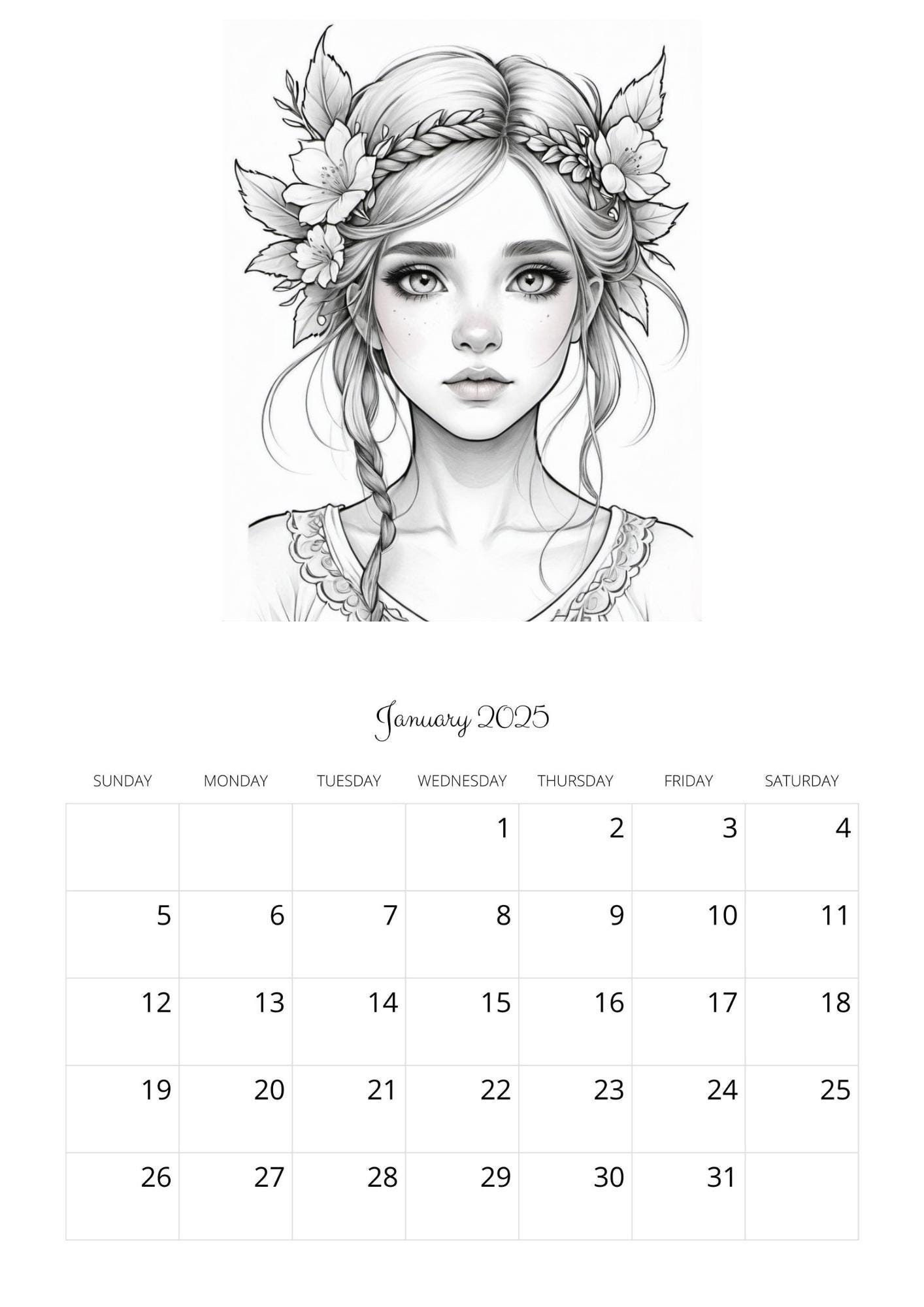 Printable 2025 Calendar With 12 Coloring Pages Of Beautiful Young intended for Girl With Sunglasses 2025 Calendar Printable