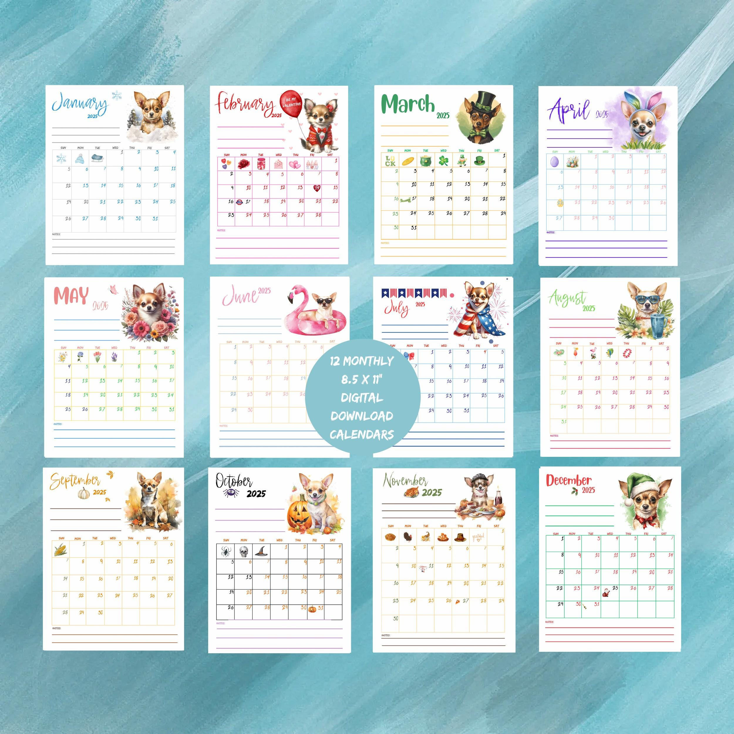 Printable 2025 Chihuahua 12 Month Calendar Cute Chihuahua Calendar with Chihuahuas Just 2025 Calendar Printable