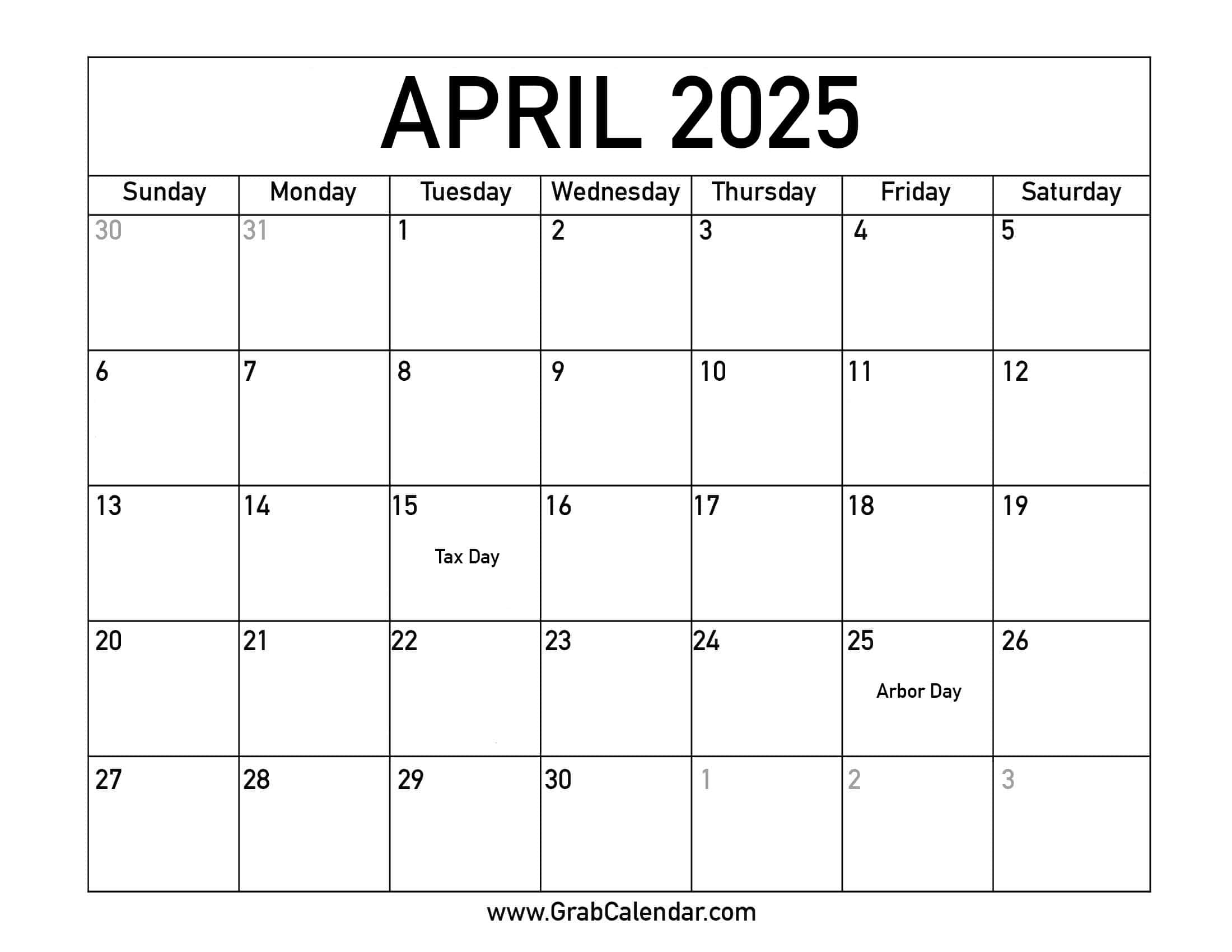 Printable April 2025 Calendar in Spring Break 2025 Calendar Printable