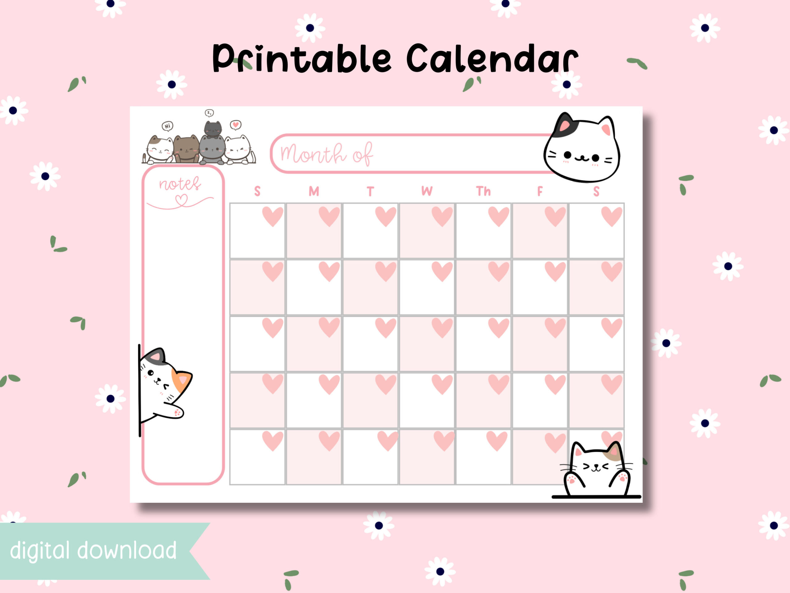 Printable Cute Cat Calendar - Undated Blank Calendar - Kawaii intended for What the Fck Kitty 2025 Calendar Printable