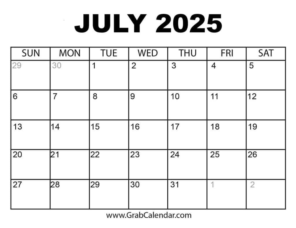 Printable July 2025 Calendar inside Great Lakes 2025 Calendar Printable