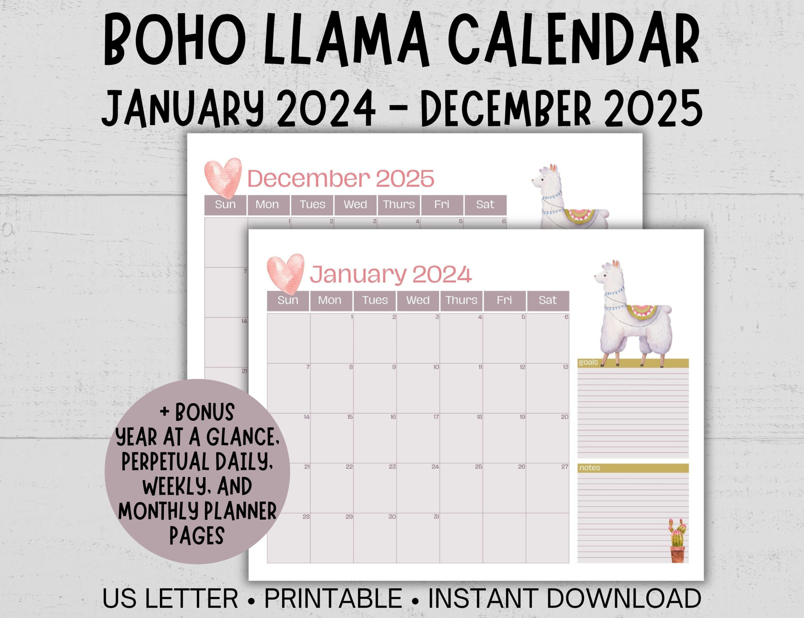 Printable Llama Calendar, Boho Monthly Calendar 2024 - 2025 with regard to Llamas 2025 Calendar Printable