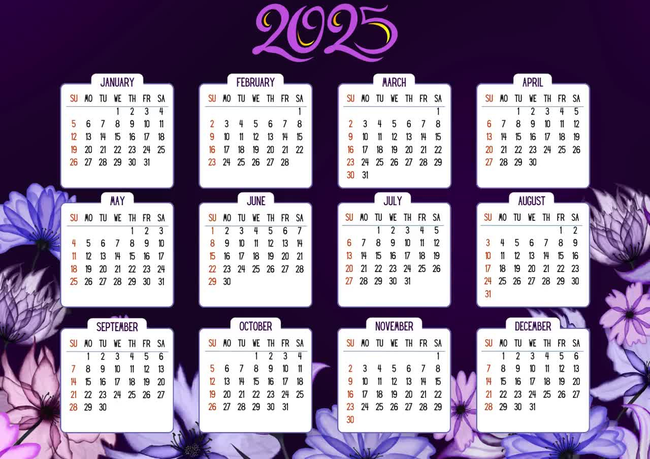 Purple Calendar For 2025. Calendar Colorful. Monthly Calendar. Calendar Colorful. 2025 Wall Calendar. Рrintable Yearly Calendar. with Fowl Language 2025 Calendar Printable