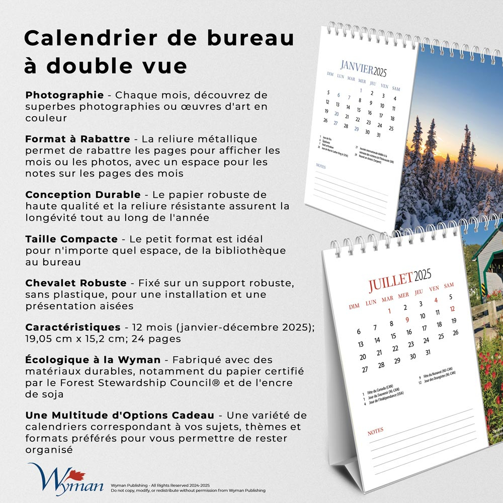 Quebec | 2025 7.5 X 6 Inch Monthly Double-View Easel Desk Calendar in Quebec Double 2025 Easel Calendar French Printable