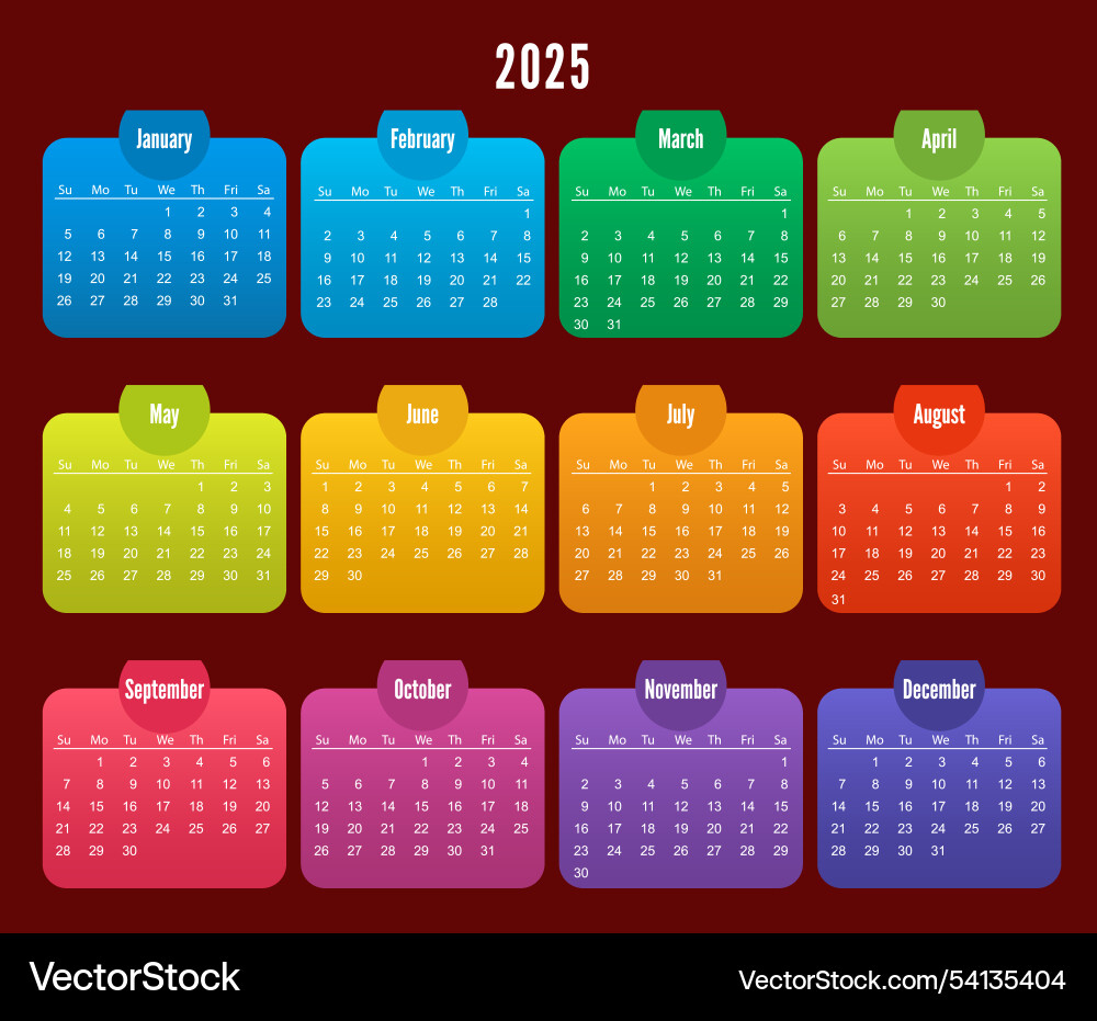 Rainbow Calendar Year 2025 Royalty Free Vector Image with Rainbow Brite 2025 Calendar Printable