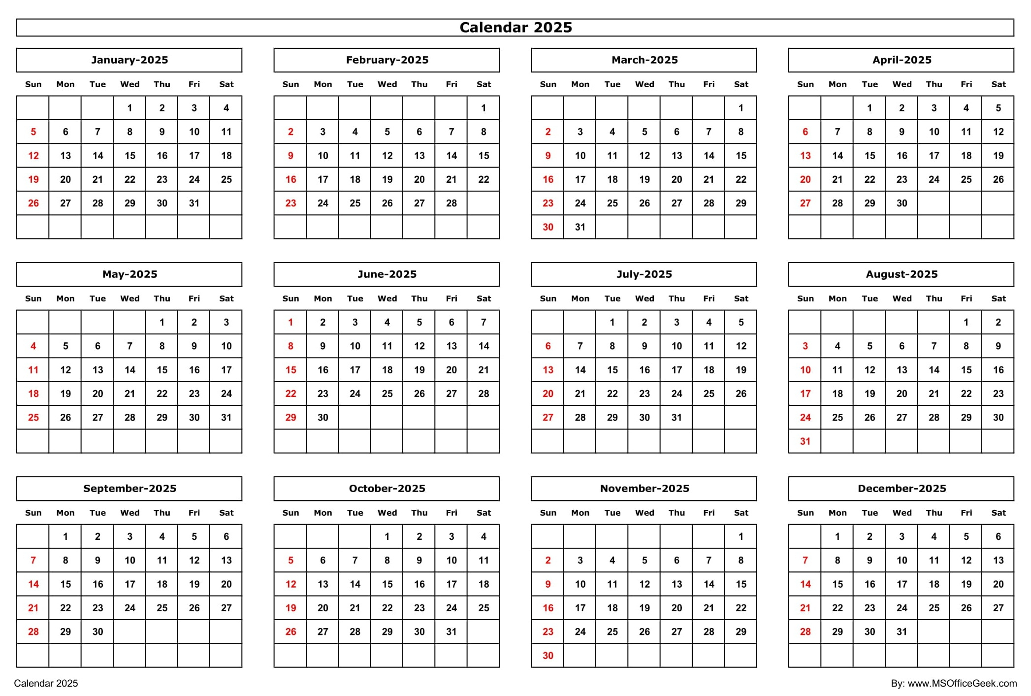 Ready-To-Use Printable Calendar 2025 - Msofficegeek for Landscapes 2025 Calendar Printable