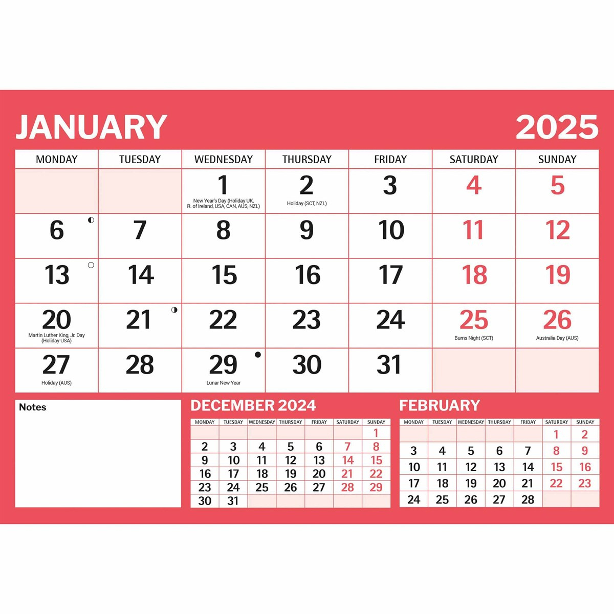Red &amp;amp; Black Basic A4 Large Print Calendar 2025 regarding Mammoth Grid 2025 Calendar Printable