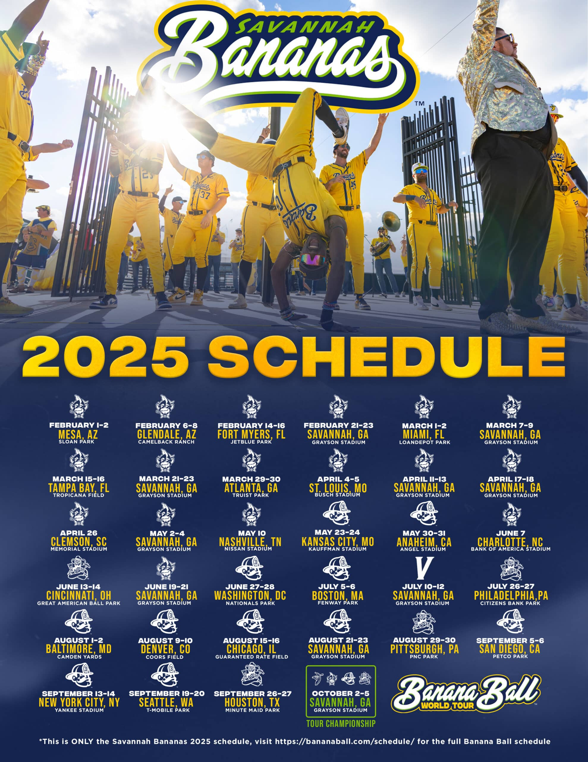 Savannah Bananas 2025 Schedule: Every City Banana Ball Is Coming To in Savannah Bananas 2025 Calendar Printable