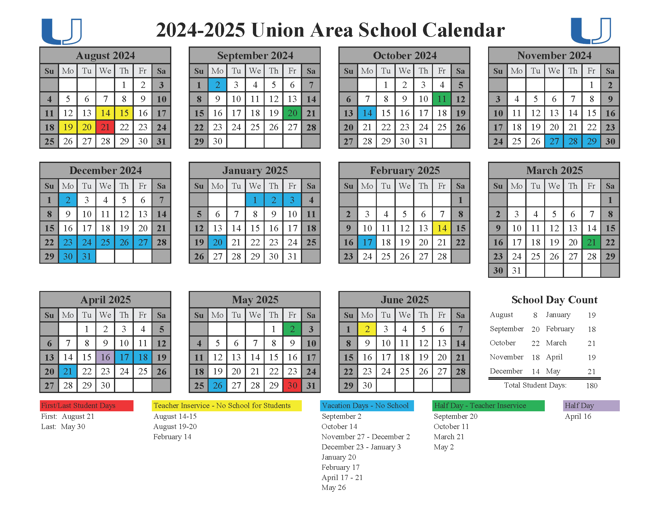 School Calendar 2024-2025 - Union Area School District regarding Pennsylvania Places 2025 Calendar Printable