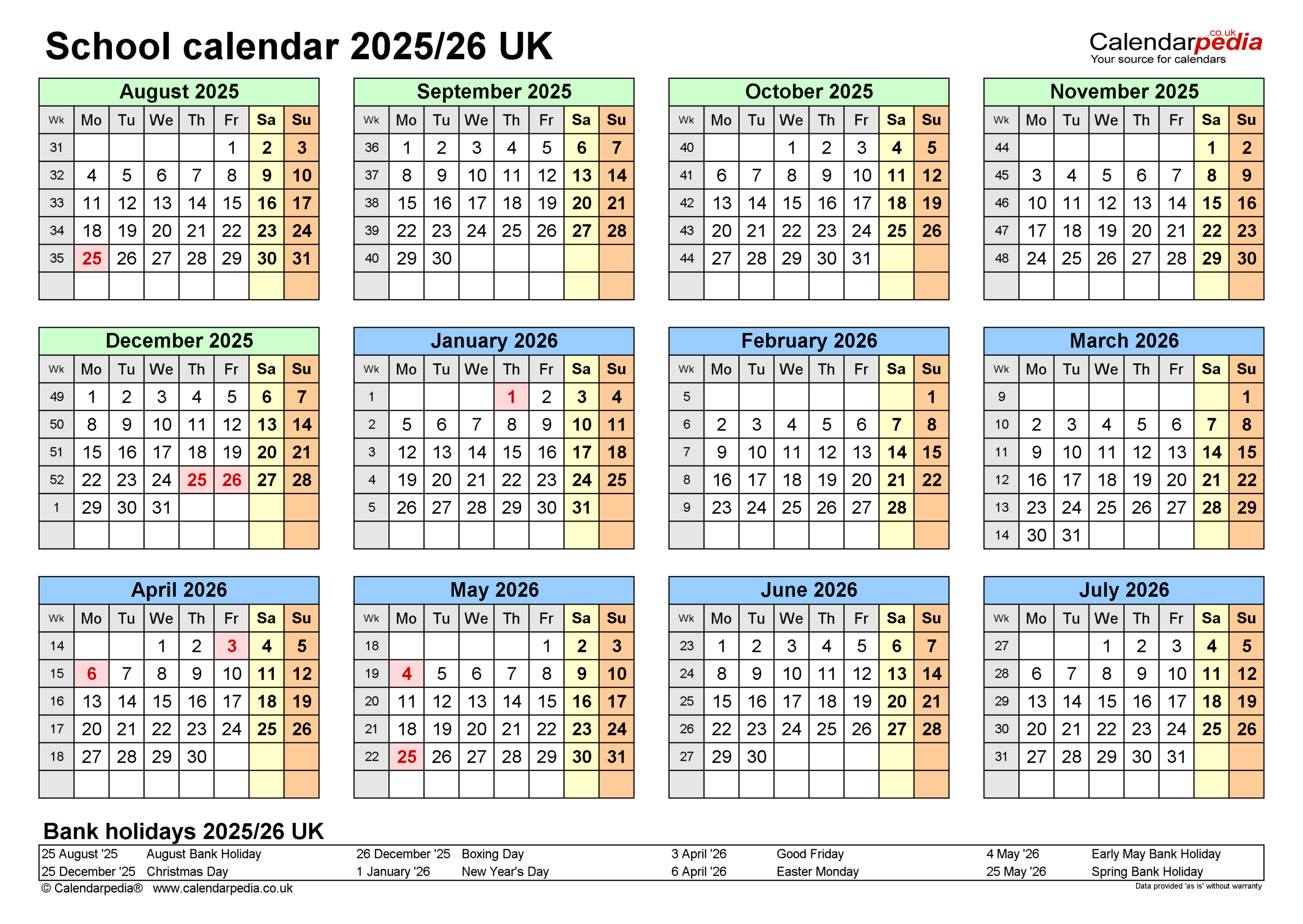 School Calendars 2025/26 Uk - Free Printable Pdf Templates in Scotland 2025 Calendar Printable