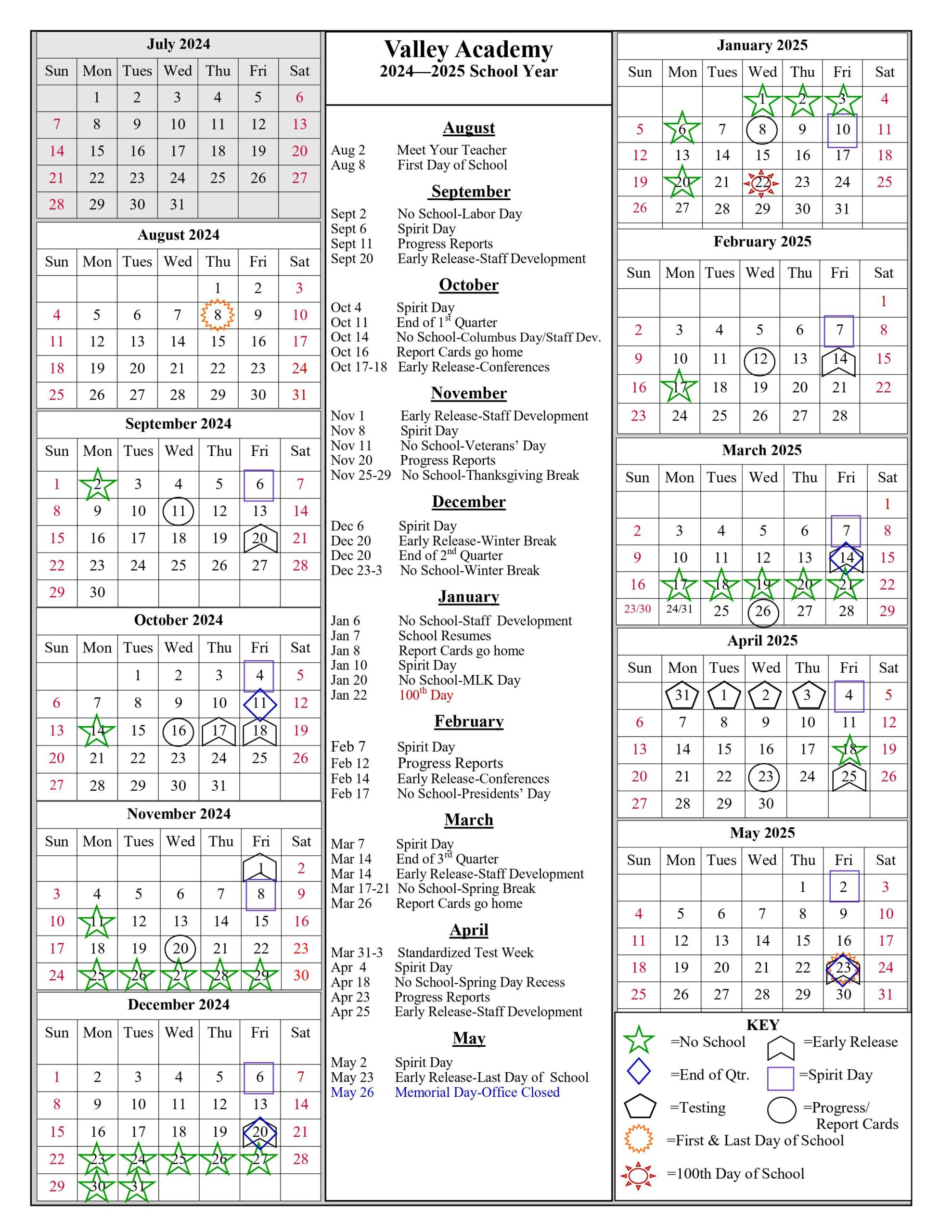 School Year Calendar 2024-2025 - Valley Academy for Arizona 2025 Calendar Printable