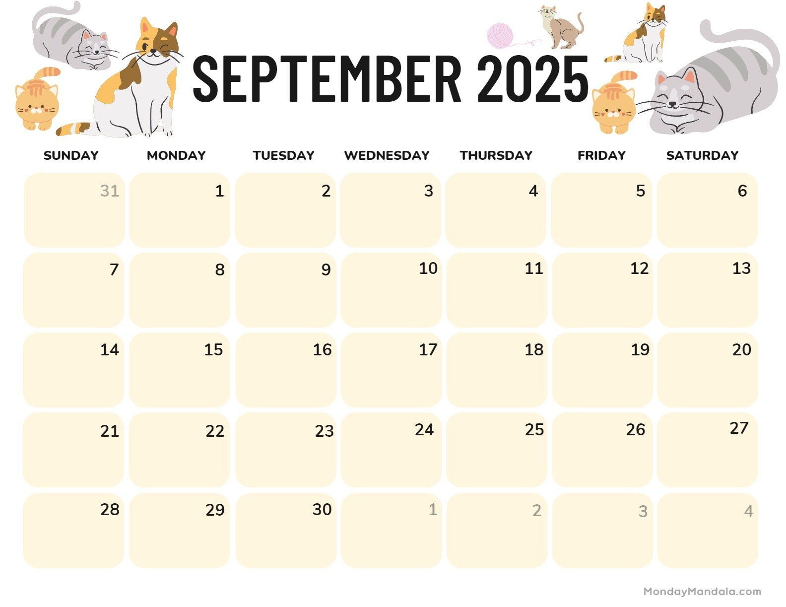 September 2025 Calendar (52 Free Pdf Printables) for Cat Chat 2025 Calendar Printable