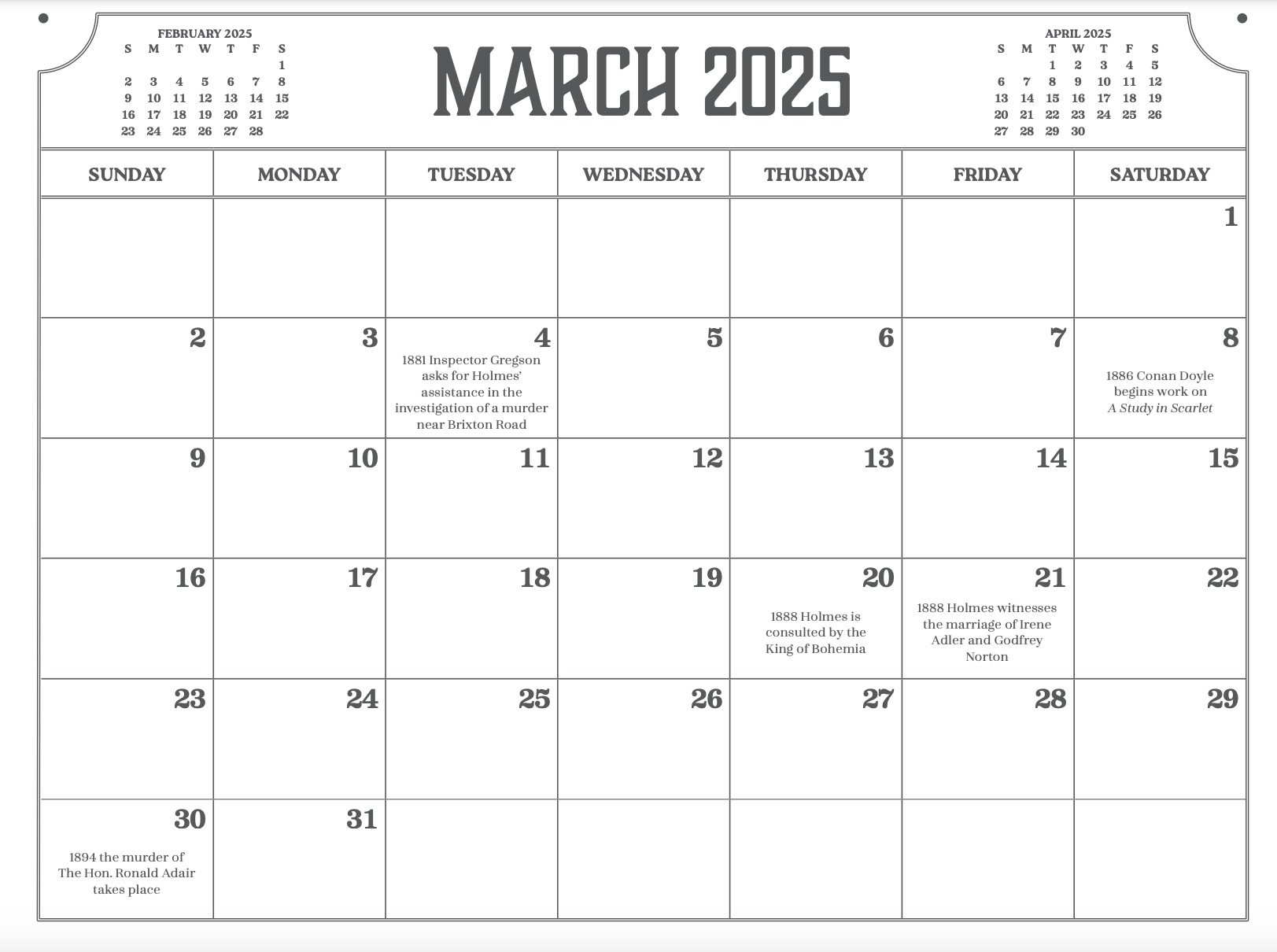 Sherlock Holmes Calendar 2025 pertaining to Arthur 2025 Calendar Printable