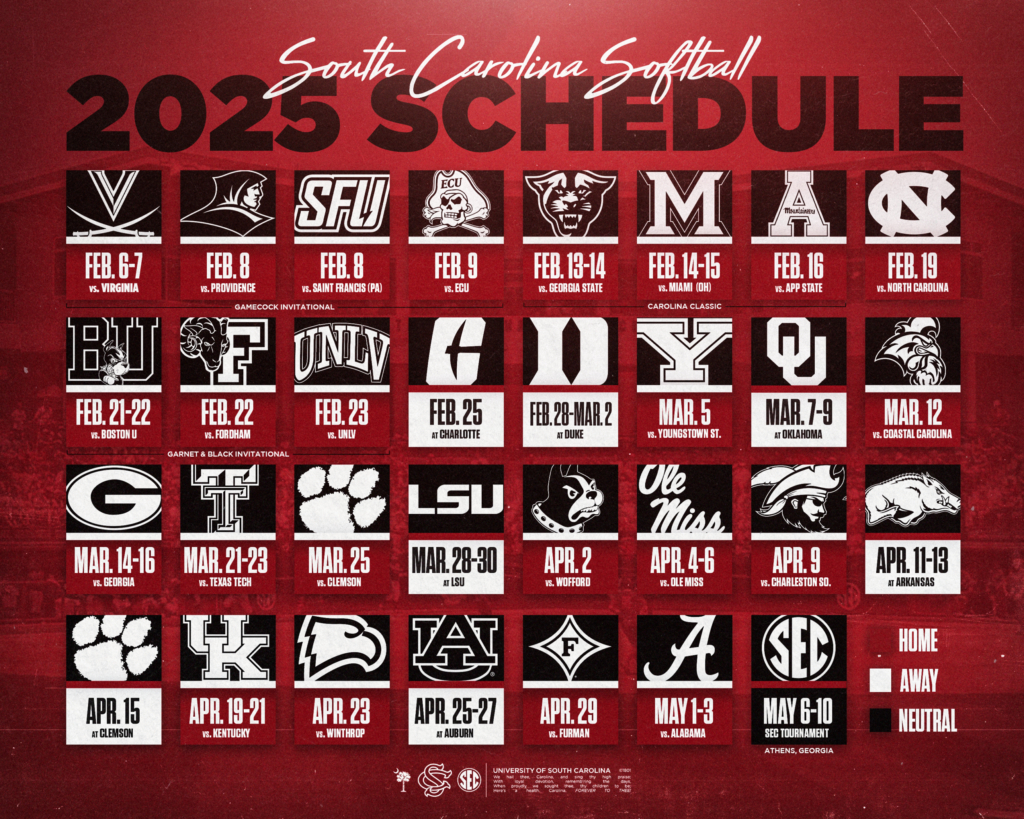 Softball Announces Complete 2025 Schedule – University Of South for Col South Carolina Gamecocks 2025 Calendar Printable
