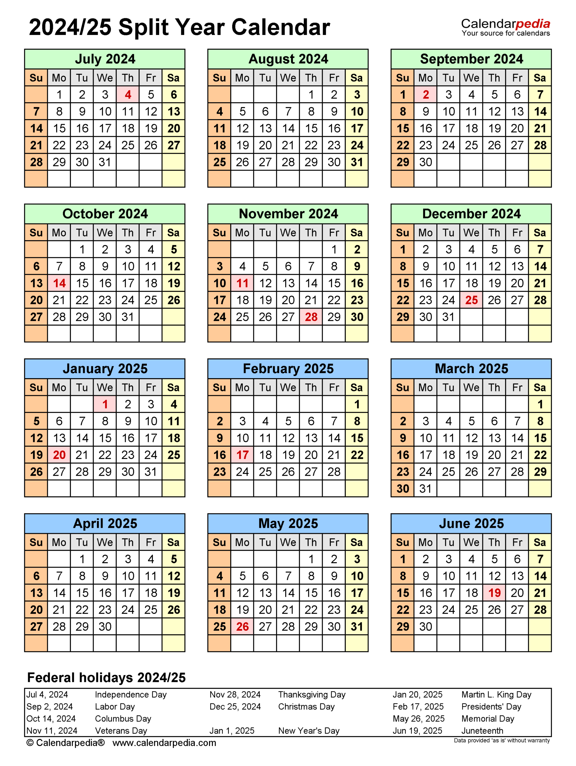 Split Year Calendars 2024/2025 (July To June) - Pdf Templates inside August 2024 to June 2025 Calendar