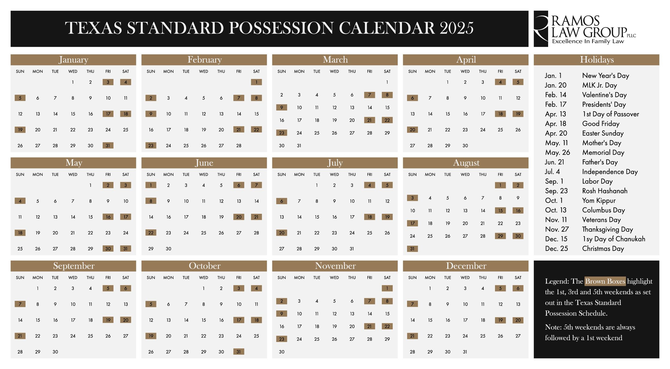 Standard Possession Order Calendar | Ramos Law Group, Pllc. with Texas Places 2025 Calendar Printable