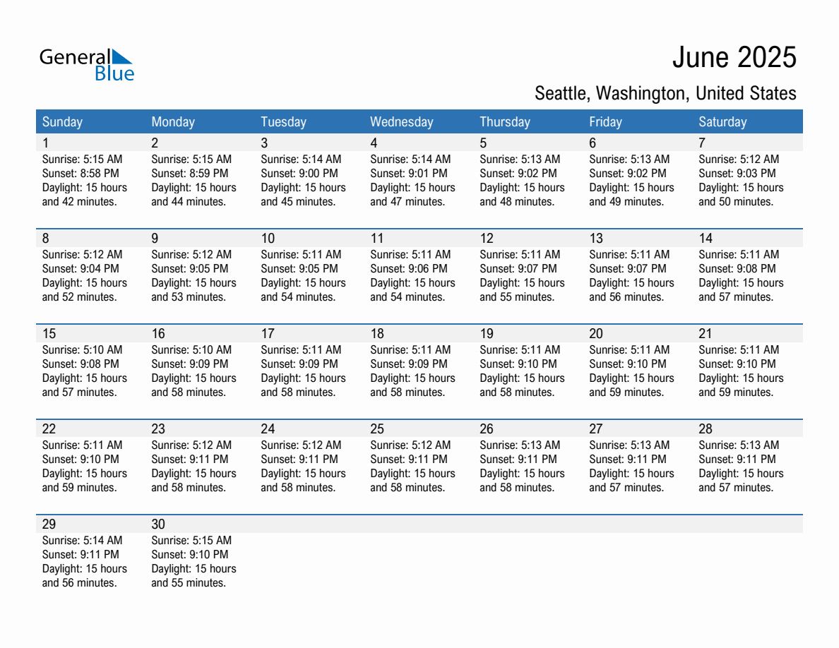 Sunrise And Sunset Times In Seattle, Washington, United States inside Seattle 2025 Calendar Printable