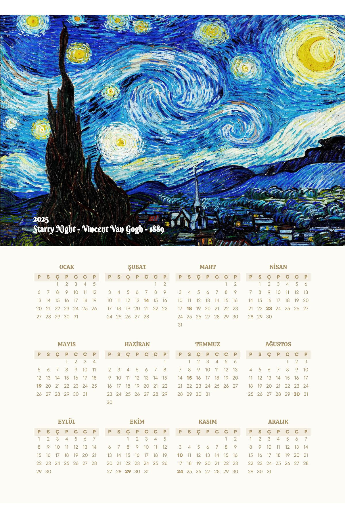 Taranist Van Gogh Starry Night Art Thick Calendar - Paper Poster with Starry Night Spiral Art 2025 Calendar Printable