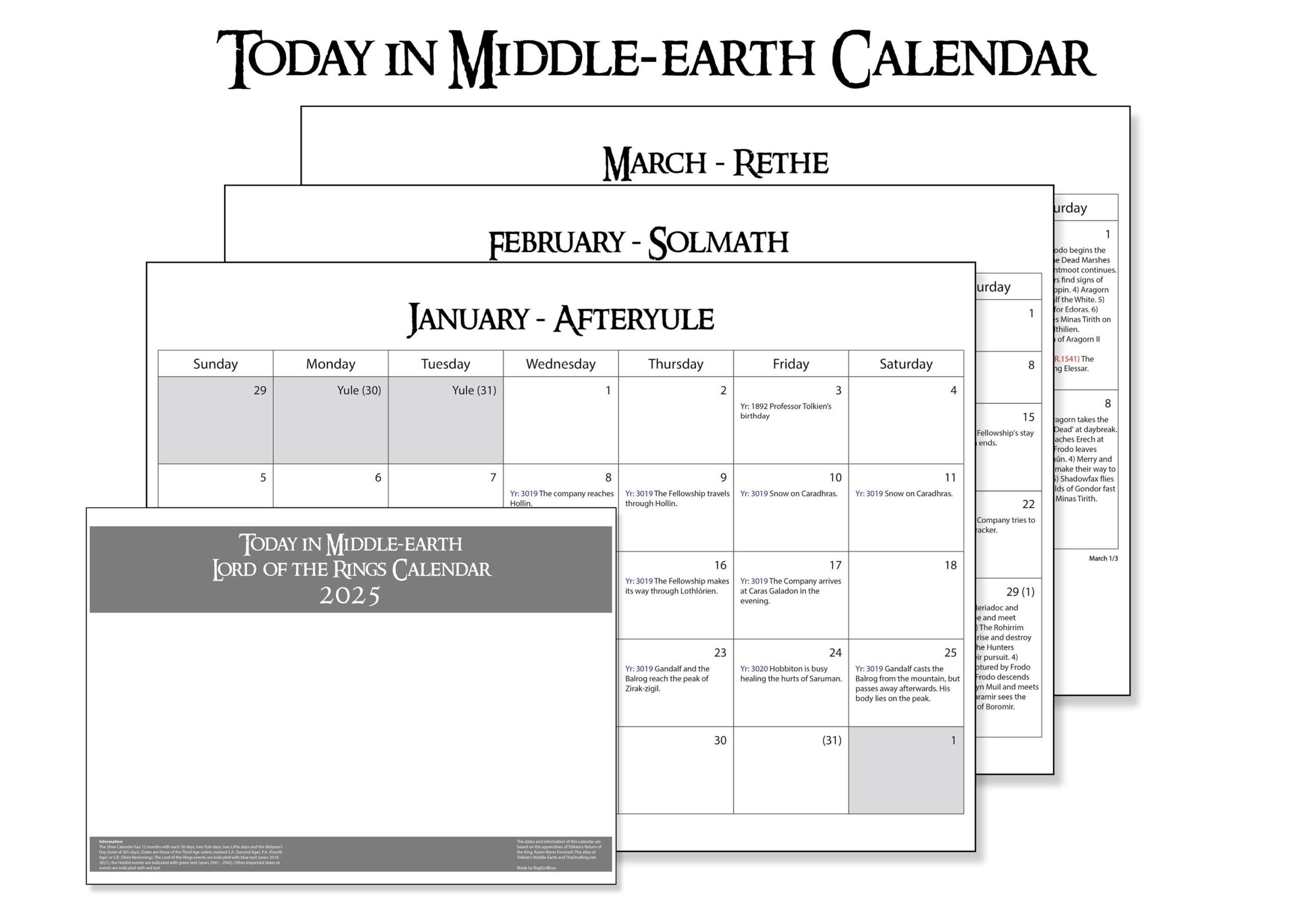 Today In Middle-Earth Calendar 2025 Digital Pdf For Printing throughout Tolkien 2025 Calendar Printable