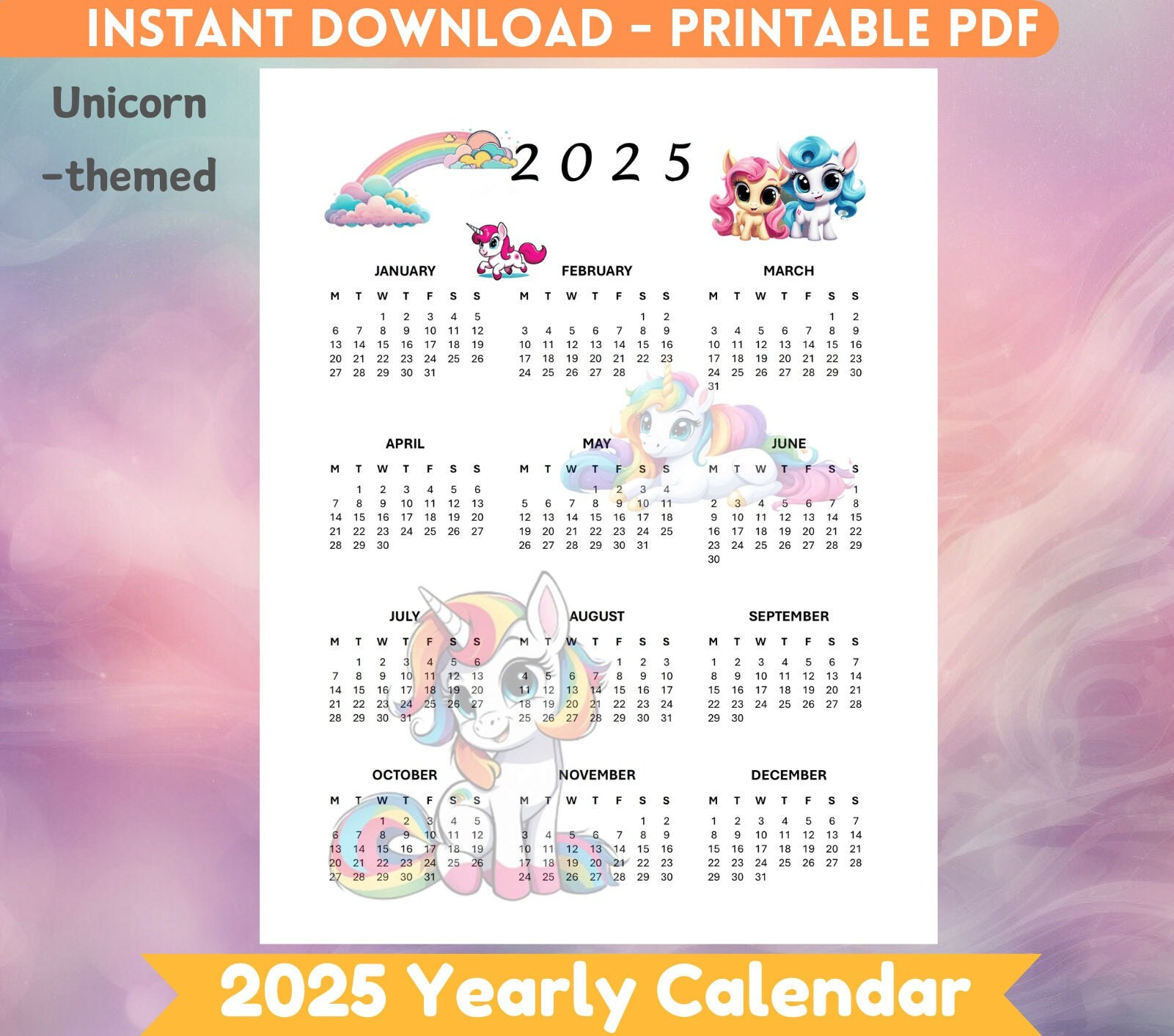 Unicorn Calendar 2025 - Etsy regarding Unicorns Burrier 2025 Calendar Printable