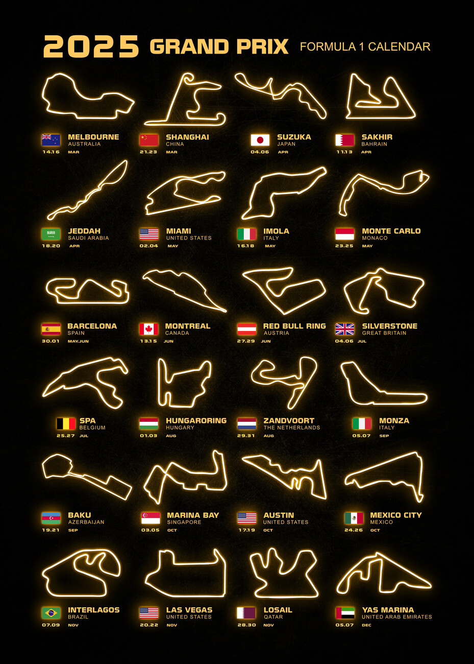 Wall Art Print | Formula 1 Season Calendar 2025 | Europosters within Diablo 4 2025 Calendar Printable