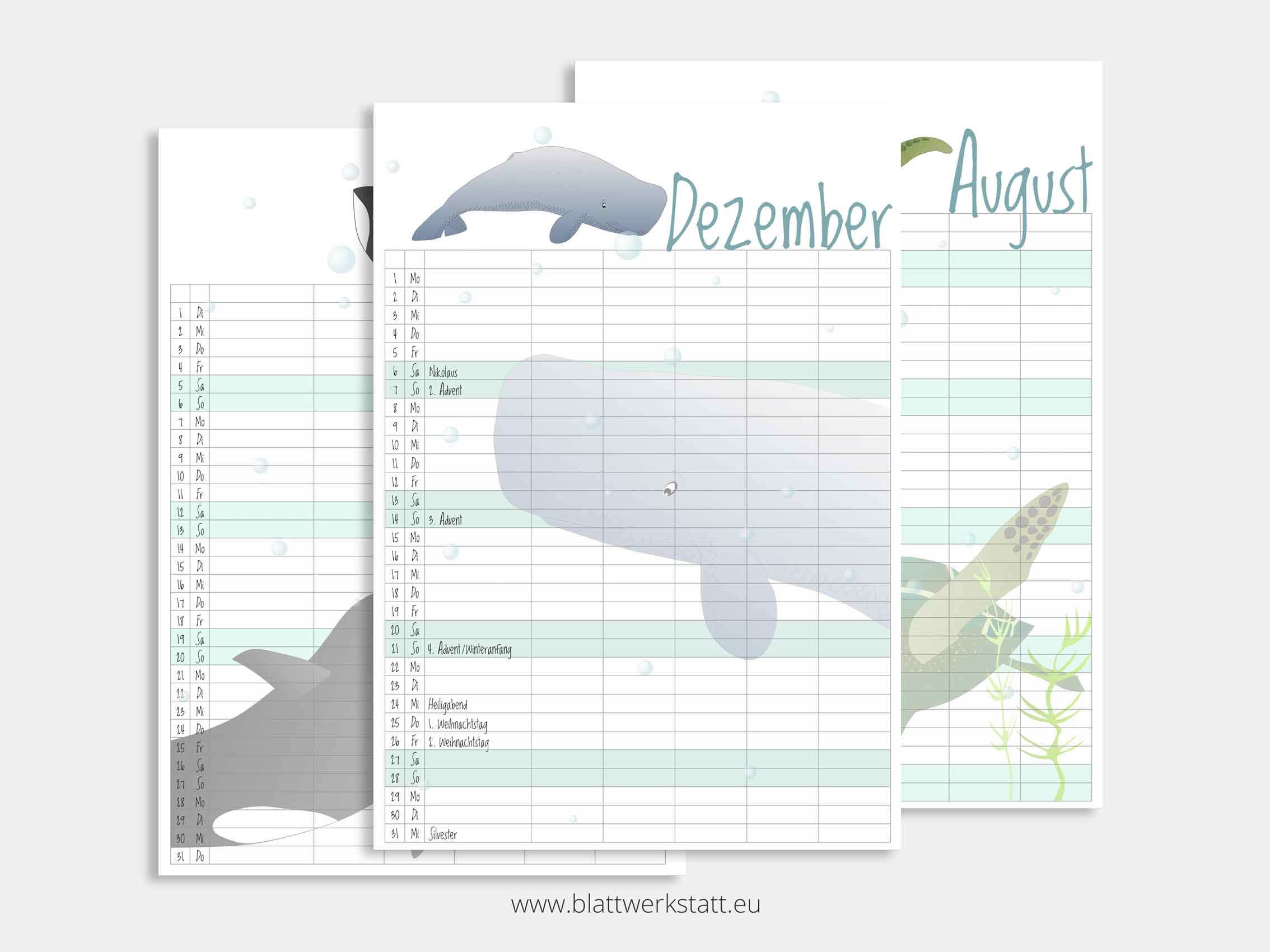 Wand Familien Kalender Blätter Tiefsee ² pertaining to Dolphins 2025 Calendar Printable