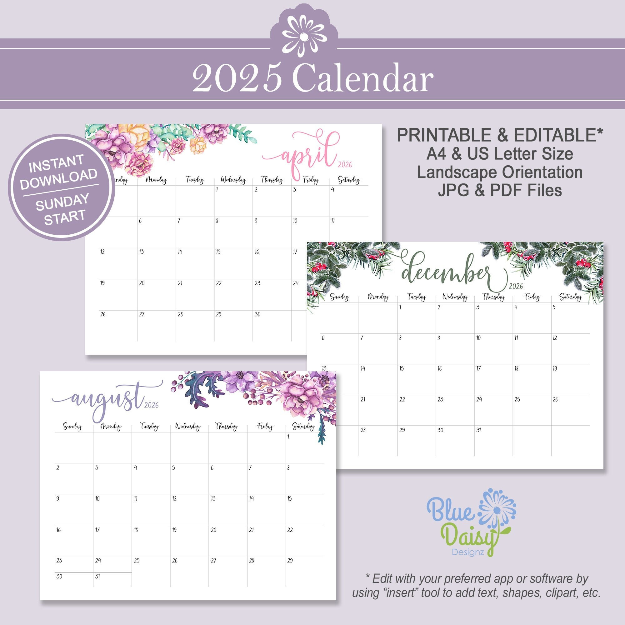 Watercolor Calendar 2025 - Etsy Australia for Watercolors By Judy Buswell 2025 Calendar Printable