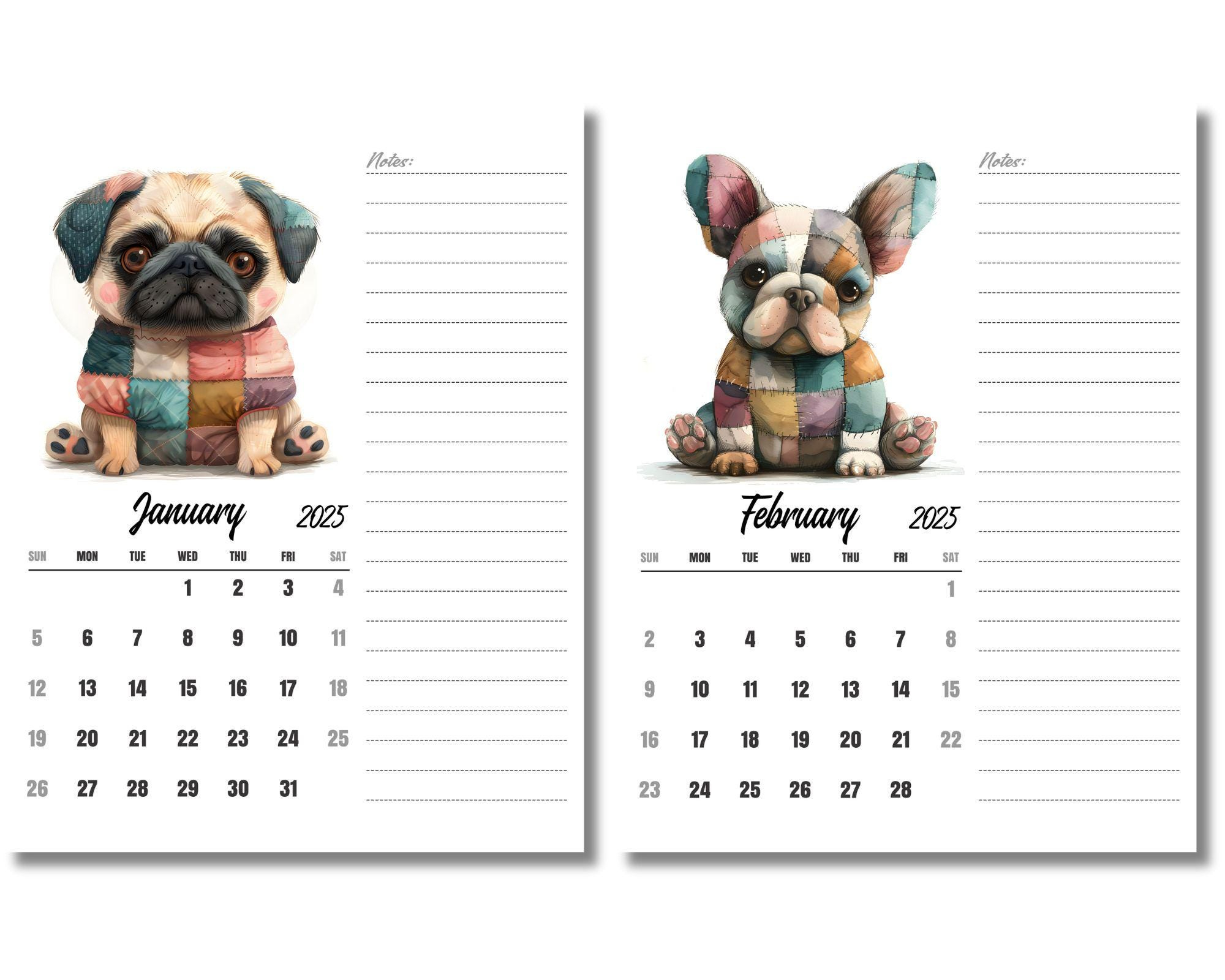 Whimsical Dog Calendar 2025, Cute Puppy Calendar, Monday And within Puggles 2025 Calendar Printable