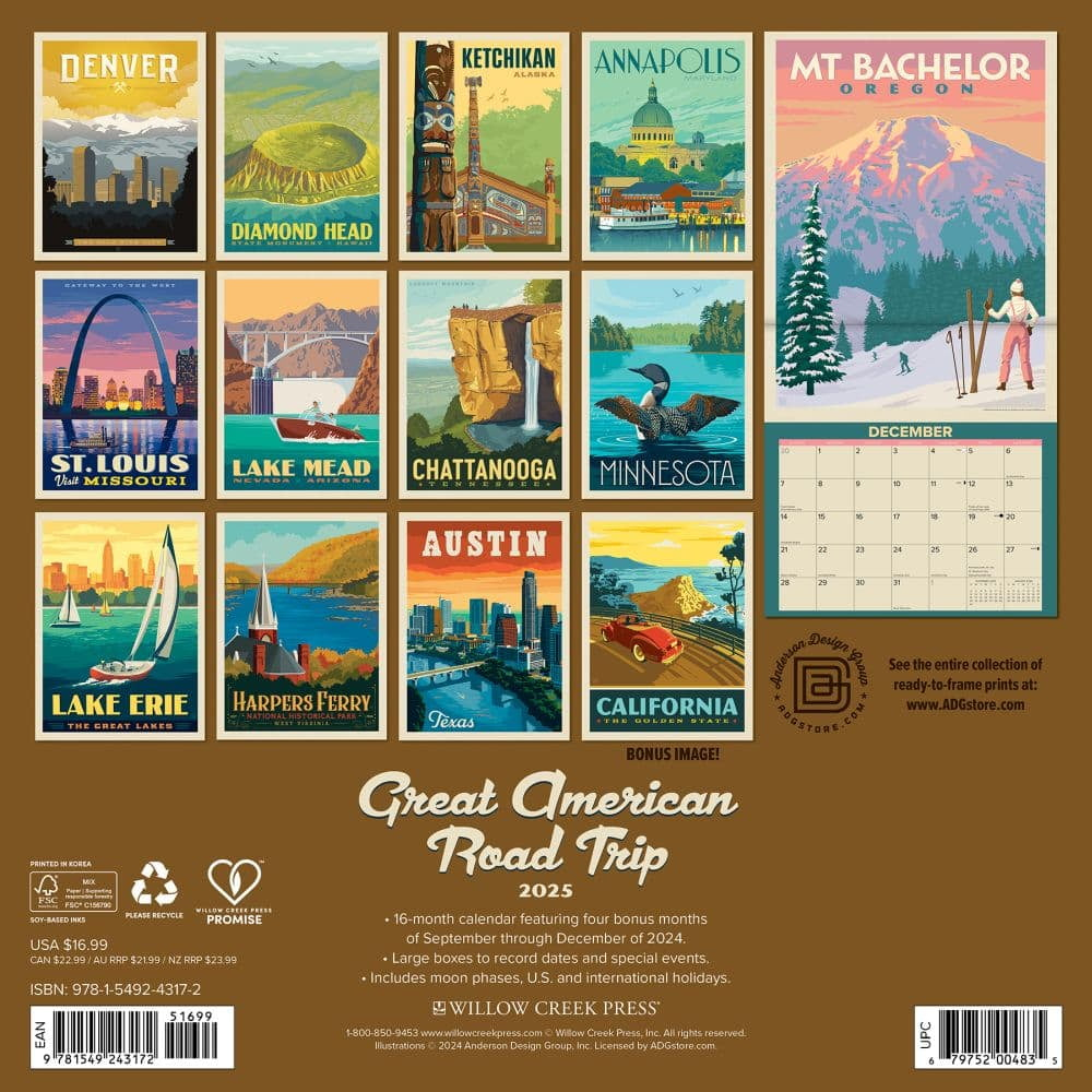 Willow Creek Press, Great American Road Trip Travel Post 2025 Wall Calendar within Americas Backroads 2025 Calendar Printable