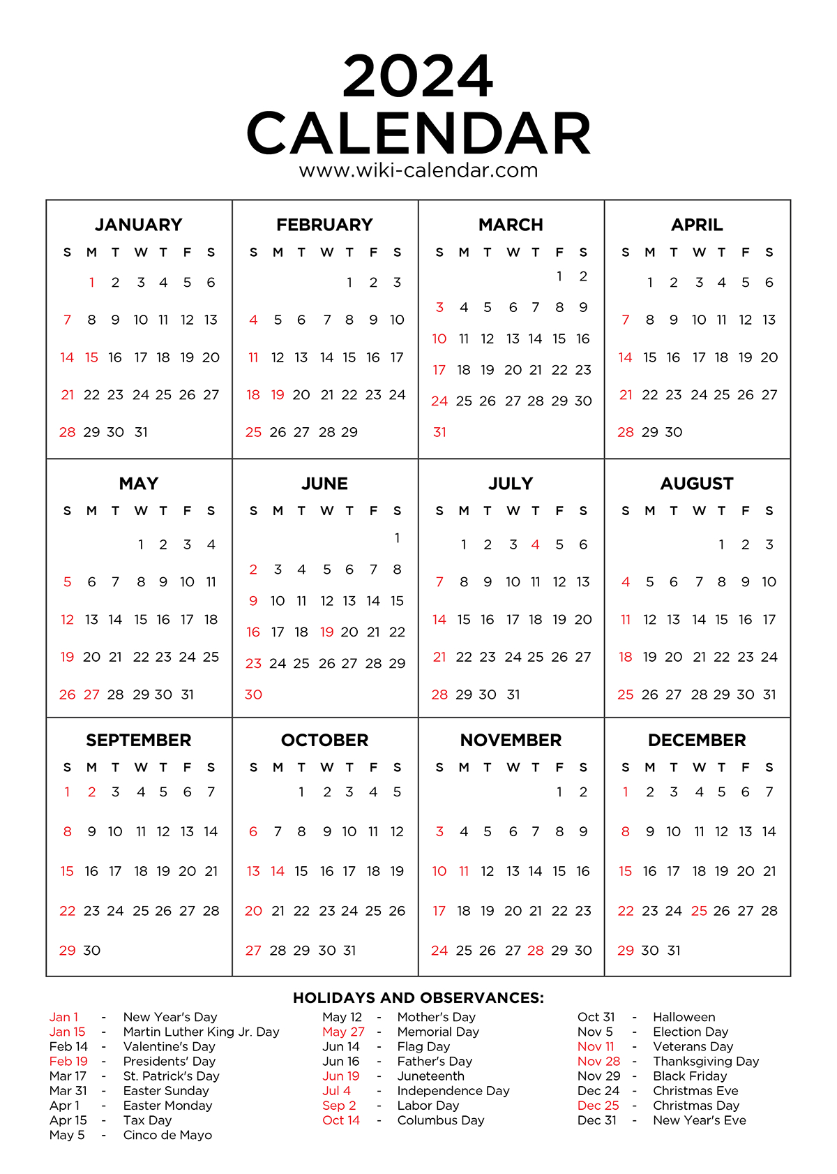 Year 2024 Calendar Printable With Holidays - Wiki Calendar intended for Great Quotes From Great Leaders 2025 Calendar Printable