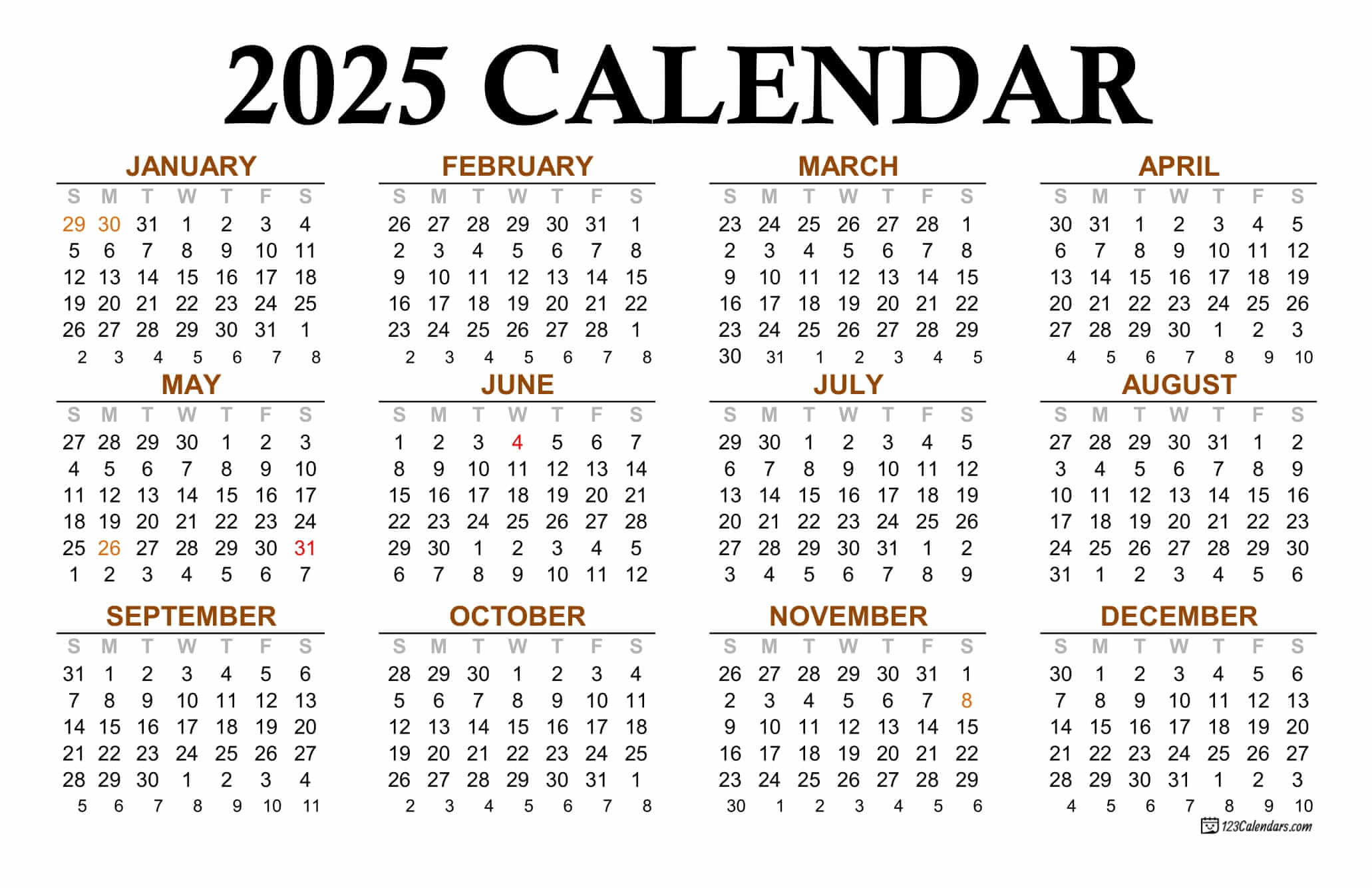Year 2025 Calendar Templates | 123Calendars pertaining to Full Year 2025 Calendar Printable