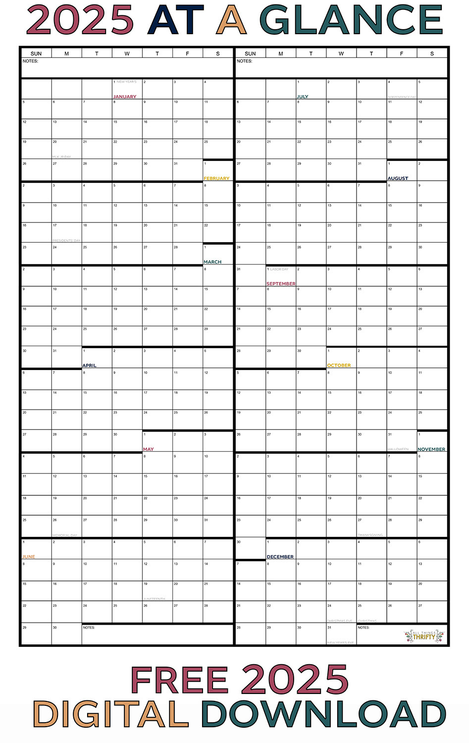 Year At A Glance Free Printable Calendar | All Things Thrifty with Wet 2025 Calendar Printable