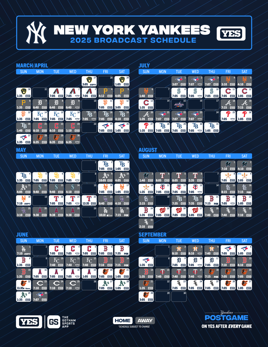 Yes Yankees Broadcast Schedule | Yes Network | Yes Network in Mlb New York Yankees 2025 Calendar Printable